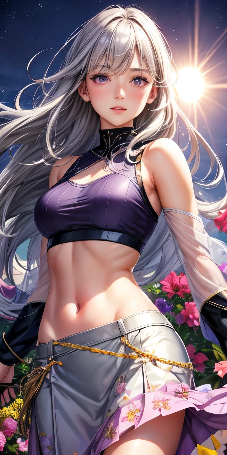 realistic, 1 girl, gray hair, purple eyes, shining eyes, crop top, skirt, parted lips, blush, night, flowers, sun, sunlight,