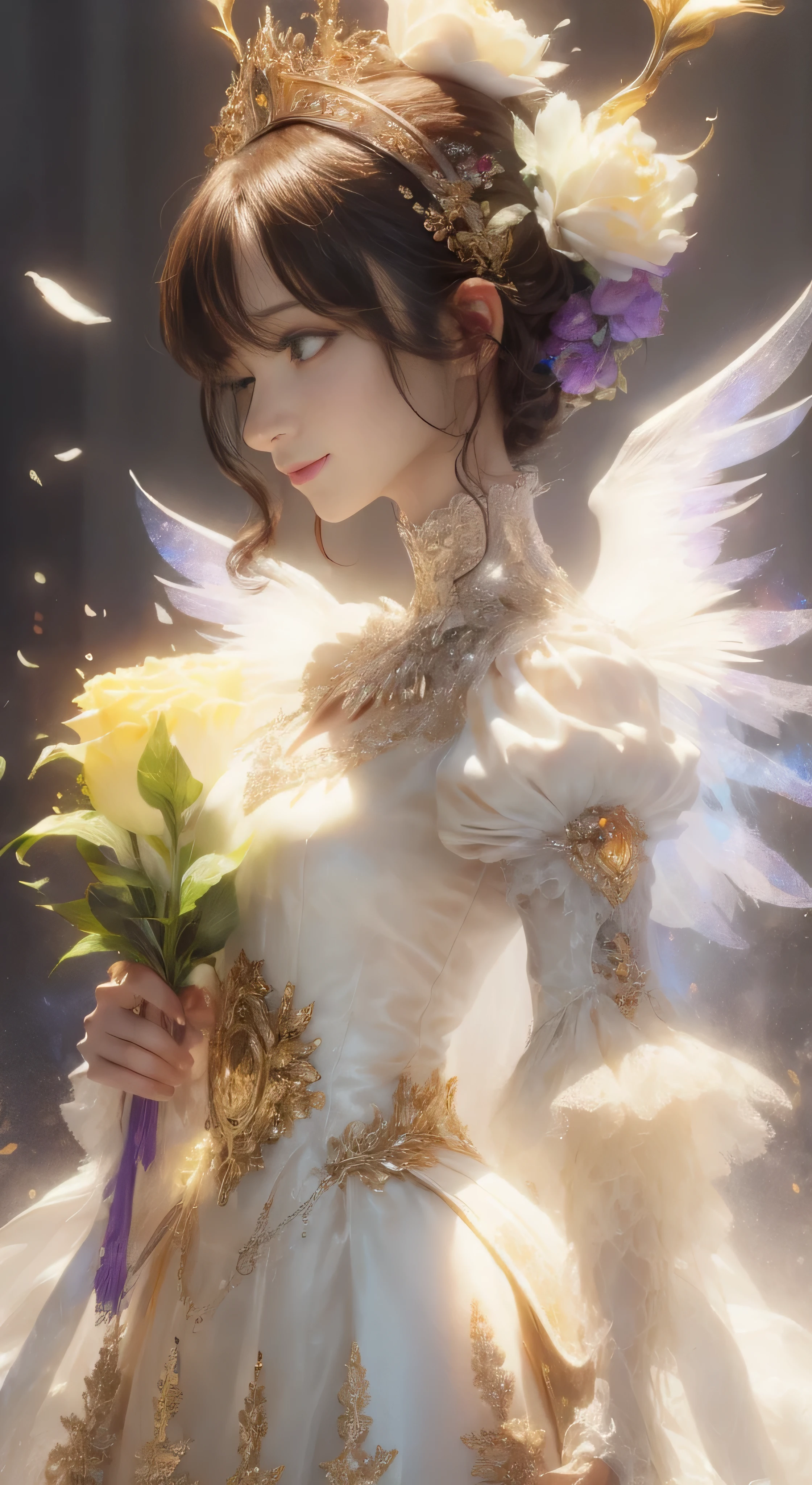 castle in the distance、face is in front、look at the camera、profile、8K、real photos、ultra high resolution, master parts, highest quality, ticker , cinematic images,nice girl、Ann、16 only、Annグロサクソン、double eyelid、droopy eyes、very big eyes、eyes are purple、dark eye shadow、lips are very thin、The tip of your nose grows beautifully.......................................................、small nose,,,,, very detailed , silver hair、straight short hair、smile、 sweet expression 、）、very clear shadows , jewelry , fine eyes, extremely difficult, shiny skin , パーフェクトブリリAnnト, perfect sentence, dramatic shadow、white tiara on head、gold necklace around neck、White aristocratic dress with gold embroidery、glass high heels、angel wings