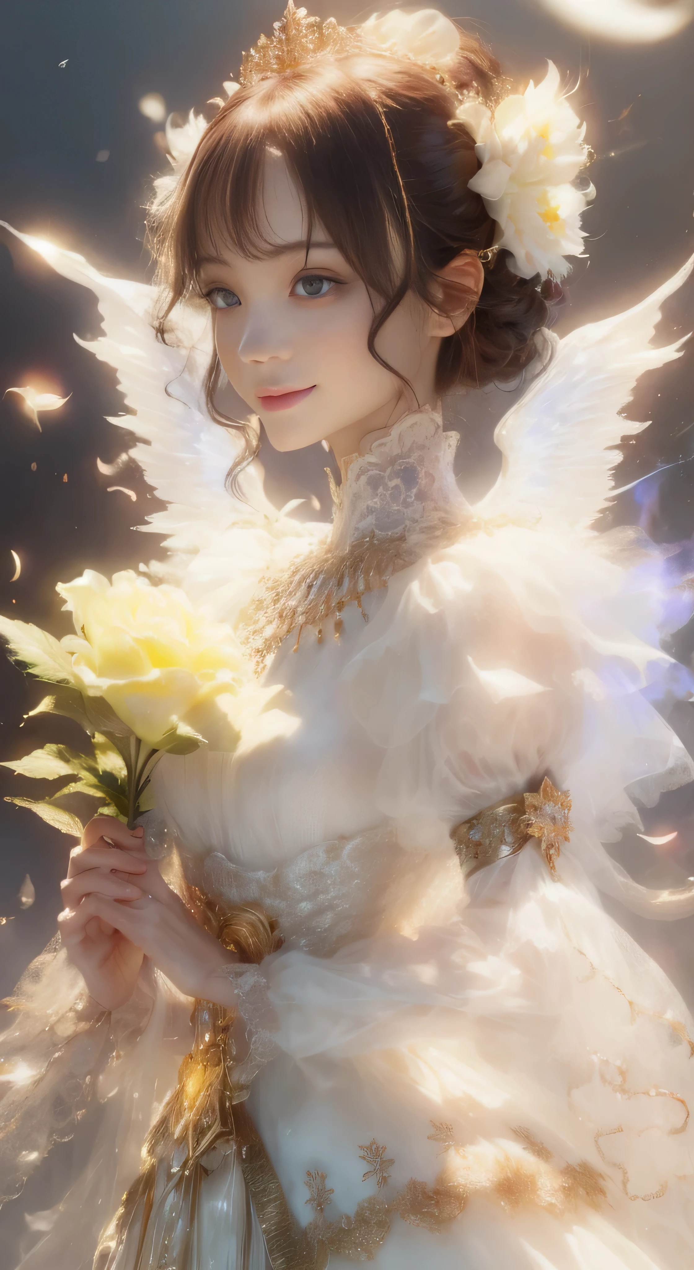 castle in the distance、face is in front、look at the camera、profile、8K、real photos、ultra high resolution, master parts, highest quality, ticker , cinematic images,nice girl、Ann、16 only、Annグロサクソン、double eyelid、droopy eyes、very big eyes、eyes are purple、dark eye shadow、lips are very thin、The tip of your nose grows beautifully.......................................................、small nose,,,,, very detailed , silver hair、straight short hair、smile、 sweet expression 、）、very clear shadows , jewelry , fine eyes, extremely difficult, shiny skin , パーフェクトブリリAnnト, perfect sentence, dramatic shadow、white tiara on head、gold necklace around neck、White aristocratic dress with gold embroidery、glass high heels、angel wings