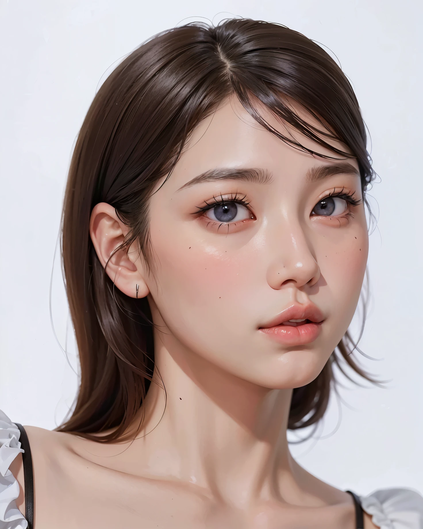 best quality,ultra-detailed, highres,masterpiece:1.2),portrait,asian man with white shirt, Jimin,plump lips, Park Jimin-inspired aesthetic, swollen right eyelid of Jimin, Greek nose of Jimin, inspired by Bian Shoumin, elongated neck, vivid colors,soft lighting, perfect small nose, perfect face, expressive eyes, puppy eyes, adorable eyes, small nose, cute little nose asian, doll lips, round and full lips, fluffy lips, full lips, thick lips, full lips, this asian girl is pouting her lips, steeping her lips, pouting her lips, thick juicy lips, big lips, full lips, full lips