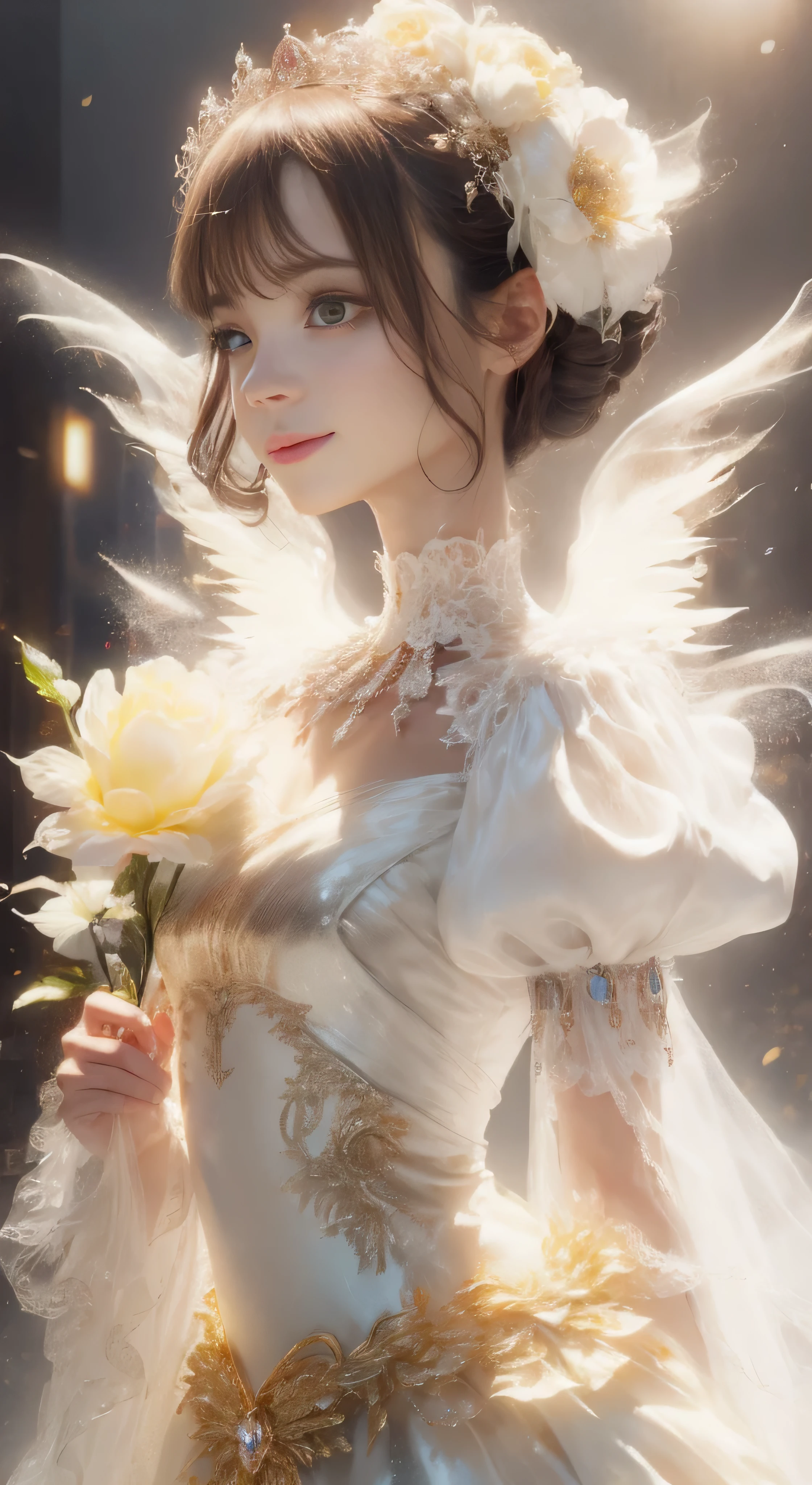 castle in the distance、face is in front、look at the camera、profile、8K、real photos、ultra high resolution, master parts, highest quality, ticker , cinematic images,nice girl、Ann、16 only、Annグロサクソン、double eyelid、droopy eyes、very big eyes、eyes are purple、dark eye shadow、lips are very thin、The tip of your nose grows beautifully.......................................................、small nose,,,,, very detailed , silver hair、straight short hair、smile、 sweet expression 、）、very clear shadows , jewelry , fine eyes, extremely difficult, shiny skin , パーフェクトブリリAnnト, perfect sentence, dramatic shadow、white tiara on head、gold necklace around neck、White aristocratic dress with gold embroidery、glass high heels、angel wings