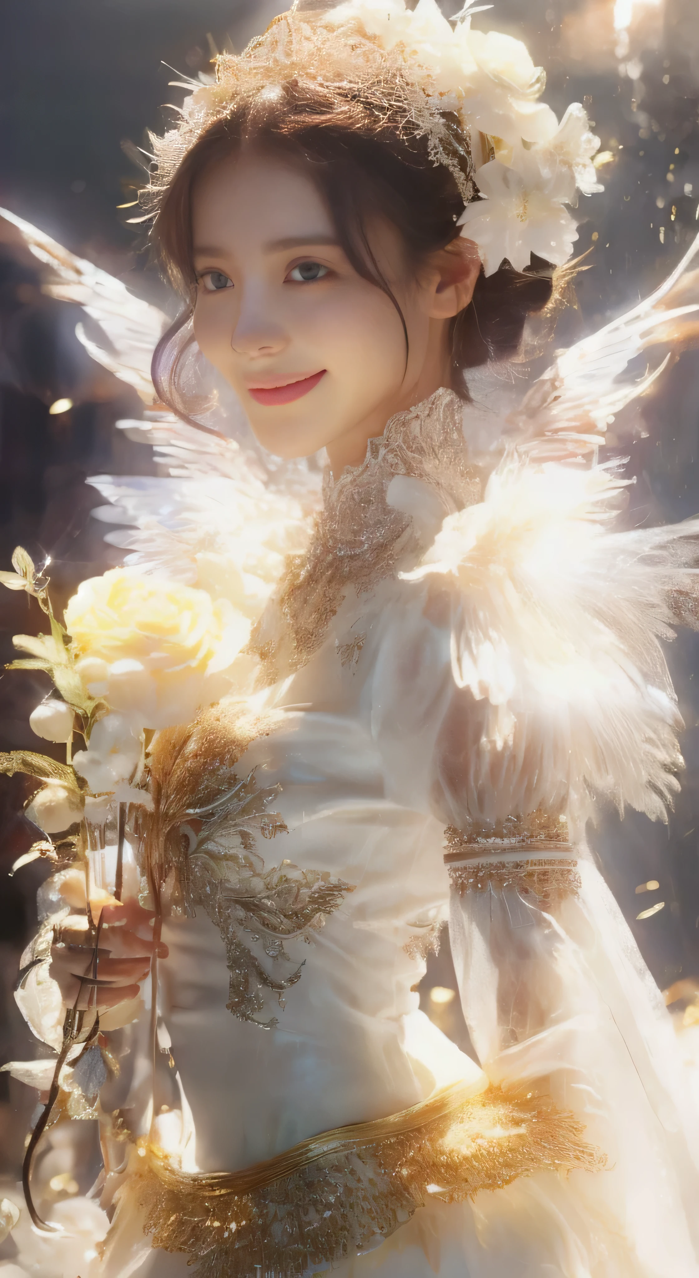castle in the distance、face is in front、look at the camera、profile、8K、real photos、ultra high resolution, master parts, highest quality, ticker , cinematic images,nice girl、Ann、 only、Annグロサクソン、double eyelid、droopy eyes、very big eyes、eyes are purple、dark eye shadow、lips are very thin、The tip of your nose grows beautifully.......................................................、small nose,,,,, very detailed , silver hair、straight short hair、smile、 sweet expression 、)、very clear shadows , jewelry , fine eyes, extremely difficult, shiny skin , パーフェクトブリリAnnト, perfect sentence, dramatic shadow、white tiara on head、gold necklace around neck、White aristocratic dress with gold embroidery、glass high heels、angel wings