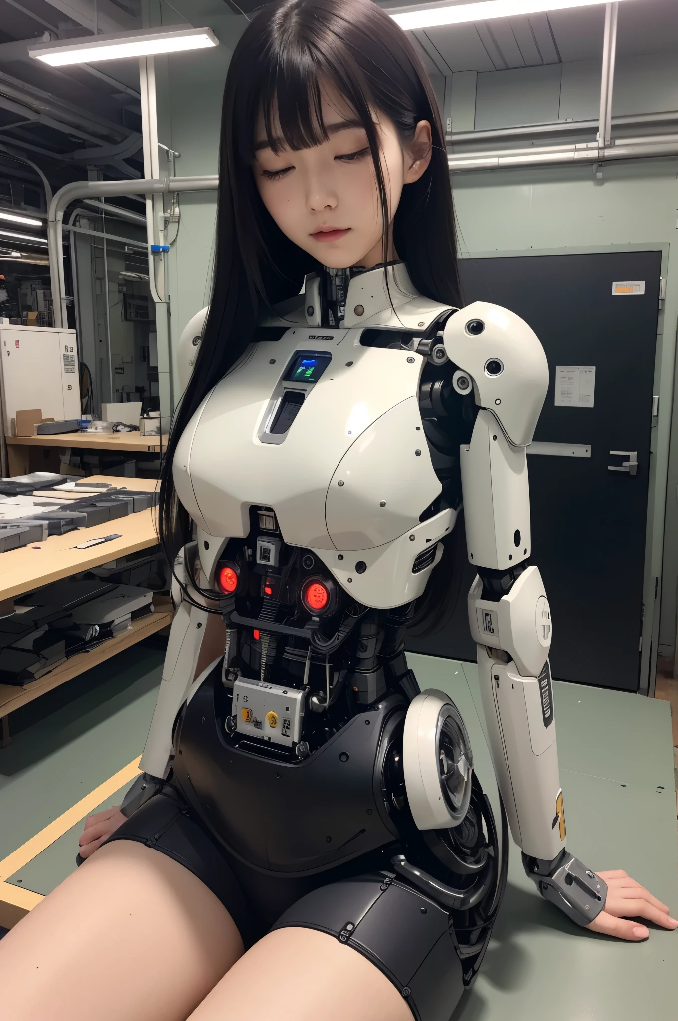 masterpiece, best quality, extremely detailed, Japaese android girl,Plump , hug,control panels,android,Droid,Mechanical Hand, Robot arms and legs, Black hair,Blunt bangs,perfect robot girl,long tube,thick cable connected her neck,android,robot,humanoid,cyborg,japanese cyborg girl ,robot-assembly plant,She is assembled now,assembly scene,chest monitor,（sleep mode:1.5）（closing eyes:1.5）