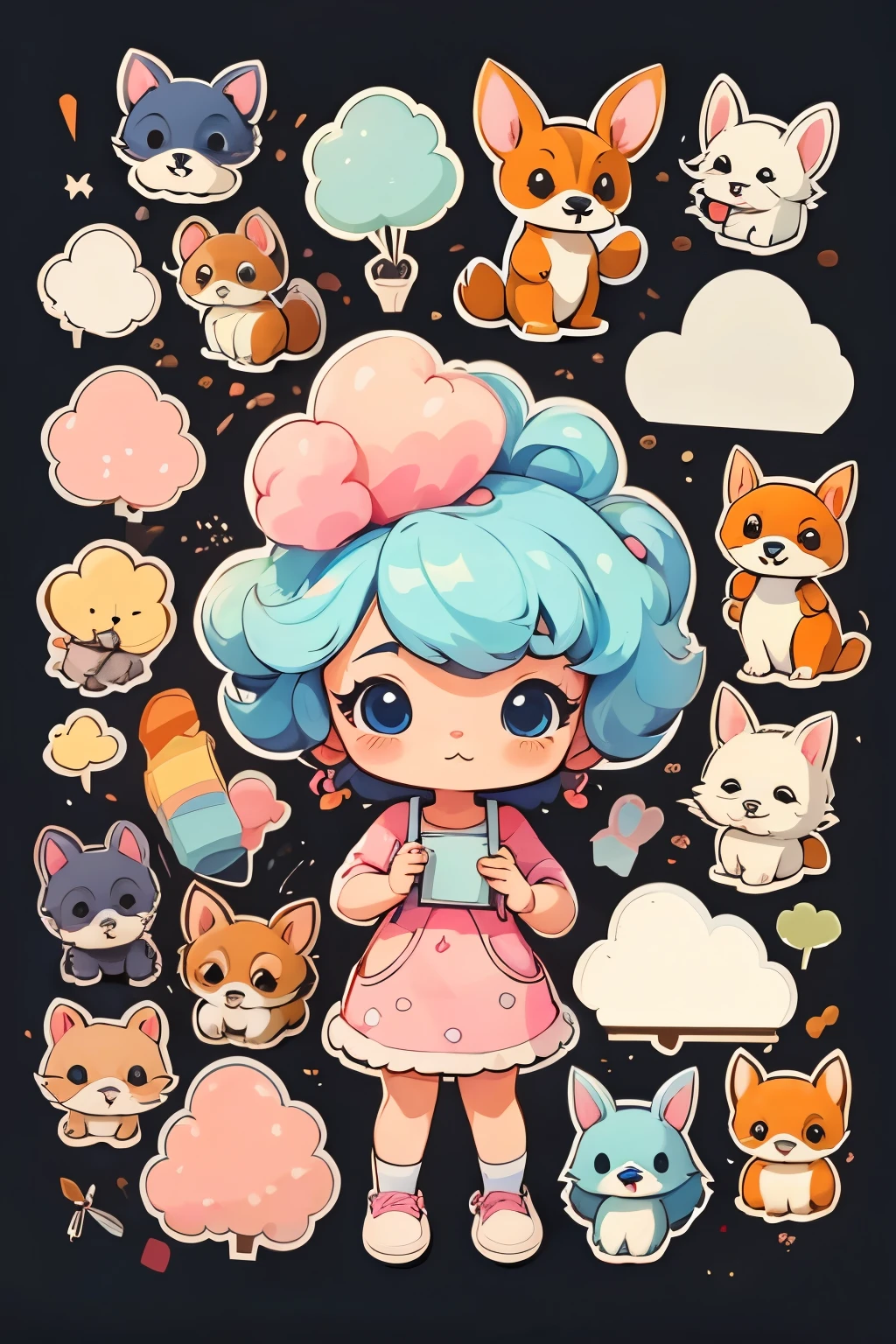 a sticker,many character, little dog,dachshund, cotton candy, simple backgound,Cartoon Cute,funny style, chibi style, high detailed, highest quality, masterpiece,