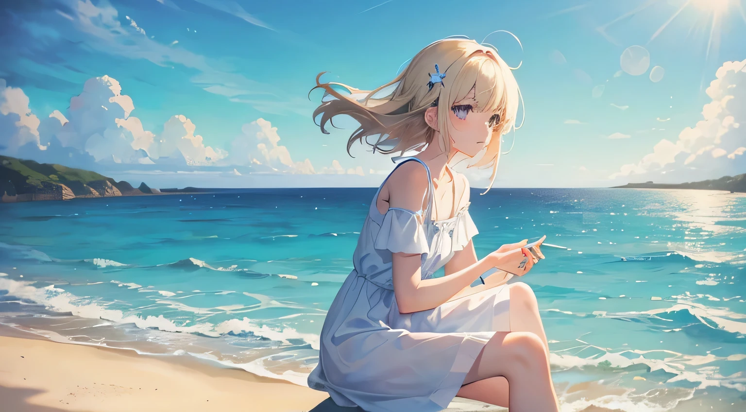 Gentle anime style girl on the seaside in June. She is wearing a summer dress and only her feet are in the sea., has sandals in her hand. Captures a calm ocean scene with gentle waves crashing onto the shore。. The sky is clear and blue, Reflecting the light of a warm summer day. her hair gently sways in the sea breeze, and she has a calm feeling, A satisfied expression appears on her face as she looks out over the water., Enjoy the solitude and beauty of the early summer beach.
