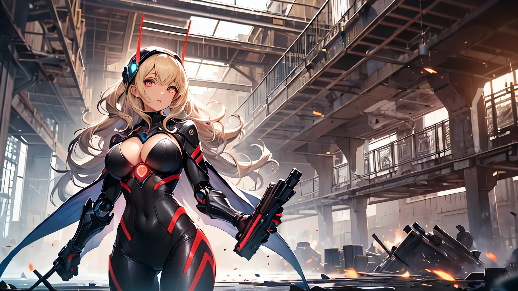 最high quality、best image quality、masterpiece、Android Girl((Robot body、20-year-old、 By becoming、vest bust、medium bust,wide open breast tea、black eye, blonde hair、long hair、thin,highest valley、glowing battle uniform、elationのある動き、Leaning forward heavily、Feeling of sprinting、glowing head visor、carry two handguns)),high quality、beautiful art、background((huge hall venue、high speed、Red laser))、debris flies、書かれた境界のdepth、movie、visual art、perfect art、8K,genuine、elation、Dynamic expression(1:2)、elation、depth((big explosion))