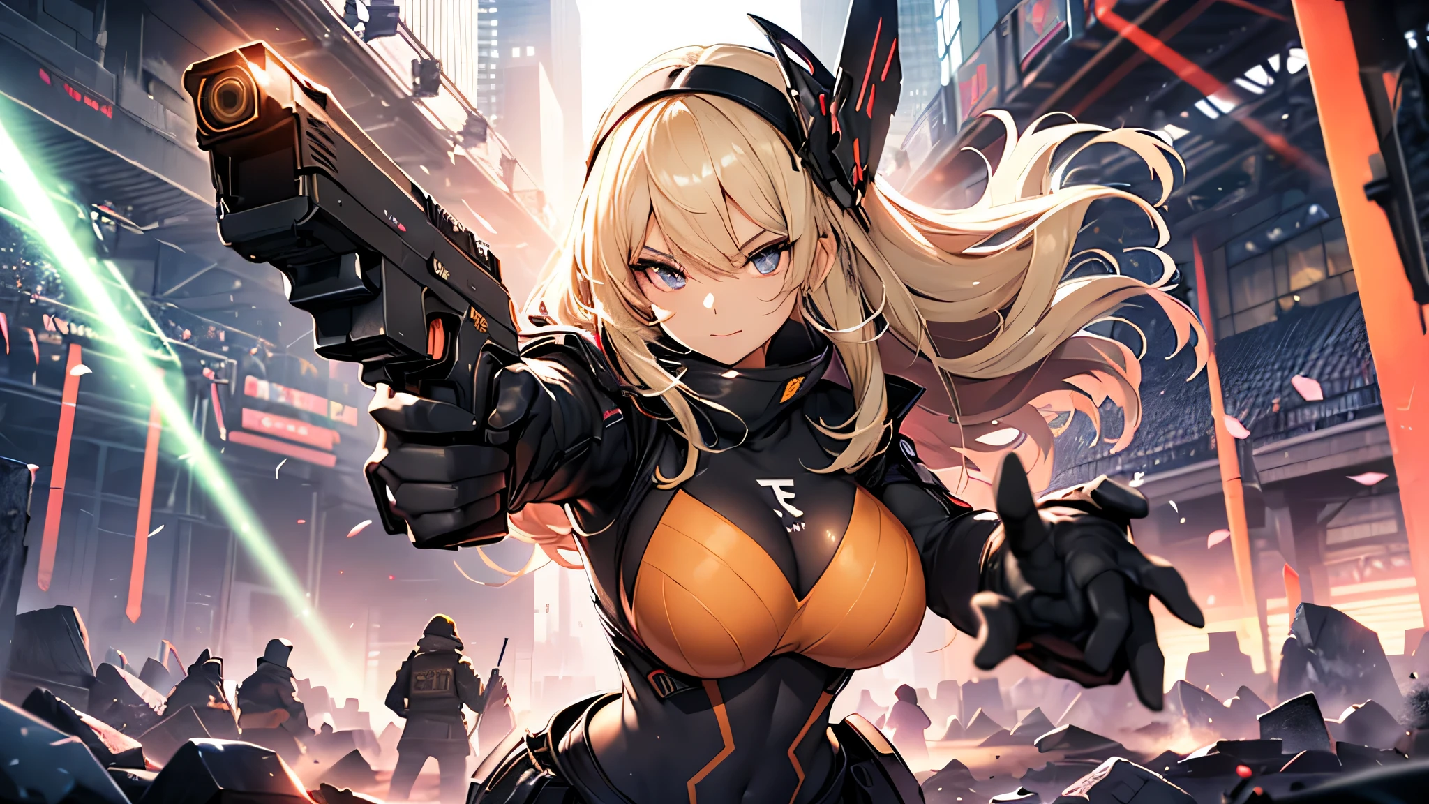 masterpiece), ((Highest quality)), (masterpiece,Highest quality,Official Art,Highly detailed CG Unity 8k wallpaper), (Big Breasts、Cleavage)、a girl in powered armor, raise both hands, full armor, powered leg, battle armor, shoulder armor, leg booster, battle between buildings in the city, light effect, robot wing, standing, blush, embarrassed, open mouth, dynamic angle, masterpiece, アニメ, highly detailed, high quality,