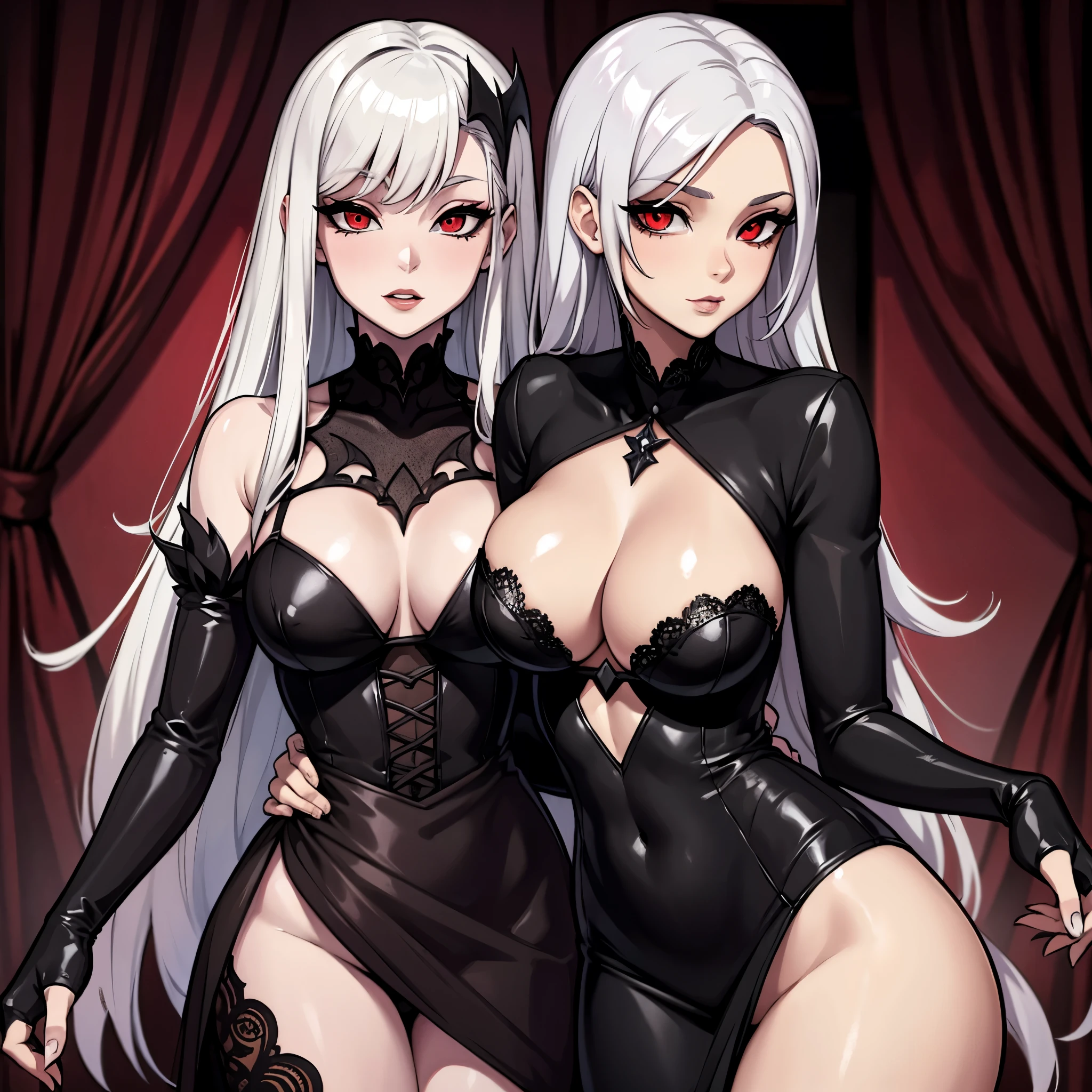 Female vampire, has white/silver hair, has red eyes, masterpiece, perfect eyes, pale skin, wearing gothic french maid dress, wearing black lace gloves, portrait, solo, alone, (SOLO)(ALONE)