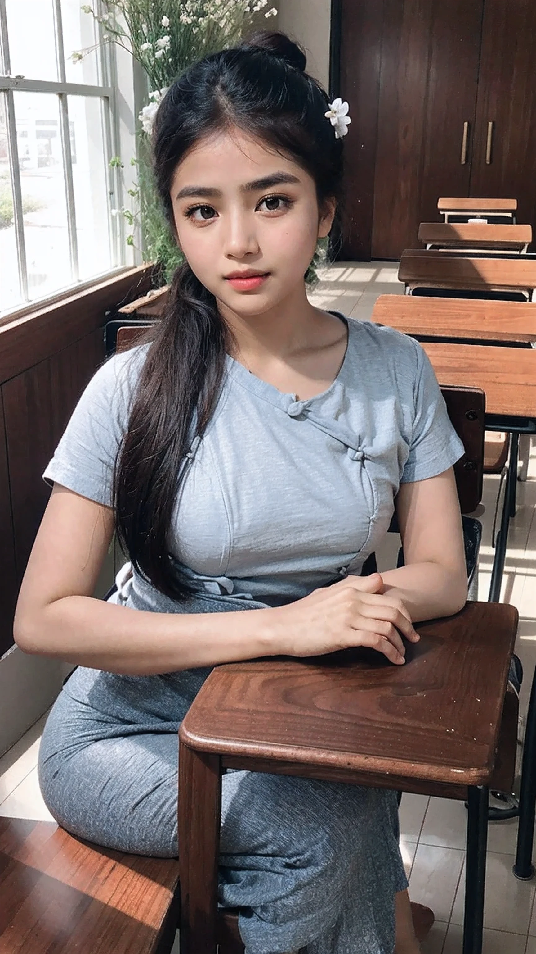 A photorealistic portrait of a young South Asian woman with warm brown skin and kind eyes. Her hair is styled in a neat bun adorned with delicate white jasmine flowers. She is seen from the half-body up, sitting in a sunlit classroom with books and papers scattered around her. The classroom has a warm and inviting atmosphere, with wooden desks and chairs, and a blackboard in the background.