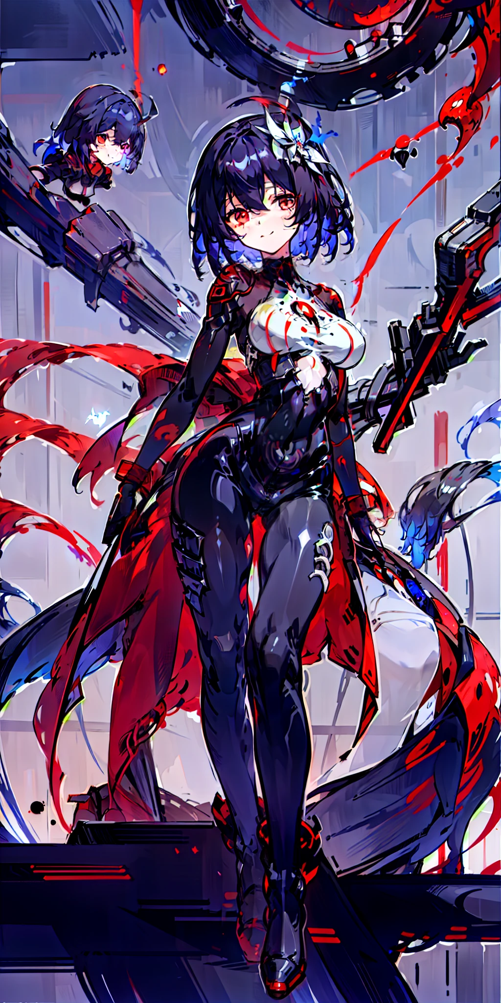 The content is very detailed，Beautiful and delicate girl，Very detailed eyes and face，Beautiful and delicate eyes，There is light on the face，light，1 girl，Hooded，Smile，，smilingly，Bandage on face，Anime girl in red cloak standing in front of huge clock, solo， stand up， hair accessories， red eyes， ， blood stains， Mechanical Parts， electric wire， cable，jumpsuit，red eyes，Venom Possession，Blackening，black long gloves，One-piece Pants，tight latex bodysuit，Highlight her graceful figure,wrap the whole body，symbiont，（（Raised sexy）），black latex clothes，blood red eyes，tight latex bodysuit, Bangs,purple hair，Wear socks，tears，Anklet，wash，Blackening，covered in black mucus