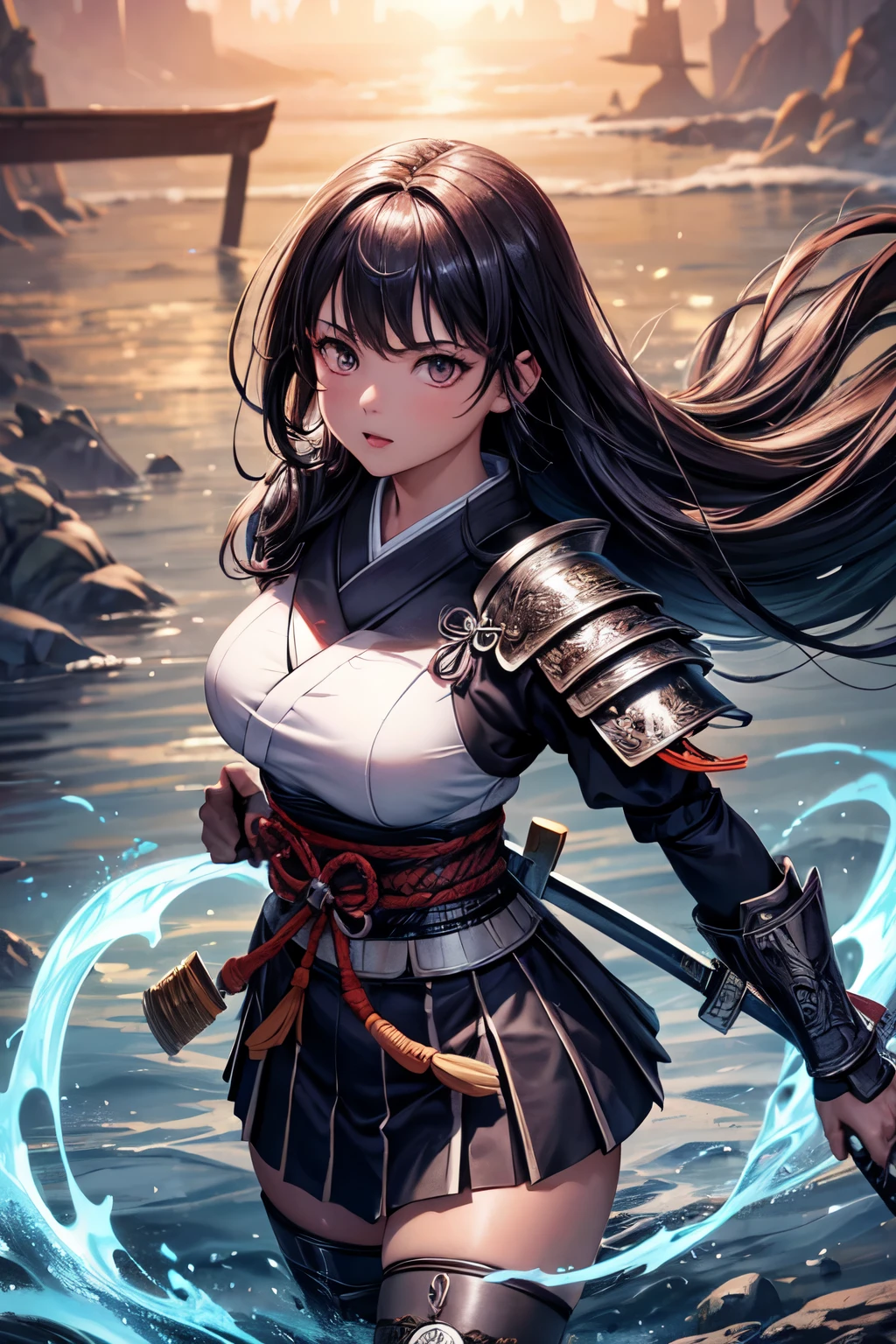adolescente nova, Samurai antigo, olhar maligno,,postura de combate, empunhando uma espada, Samurai antigo armor, cabelo preto comprido, rabo de cavalo, peitos grandes, altamente detalhado, old Japanese dojo in the background, vibrant appearance, comportamento criativo, extremamente detalhado, imaginativo, sensual, spontaneous, Mais alta qualidade, textura da pele, detalhes intrincados, (cinematic lighting), foto crua, 8k, obra de arte,melhor qualidade,ultra-detalhado,very detailed illustrations,extremamente detalhado,detalhes intrincados,high resolution,detalhes supercomplexos,extremamente detalhado 8k cg wallpaper,