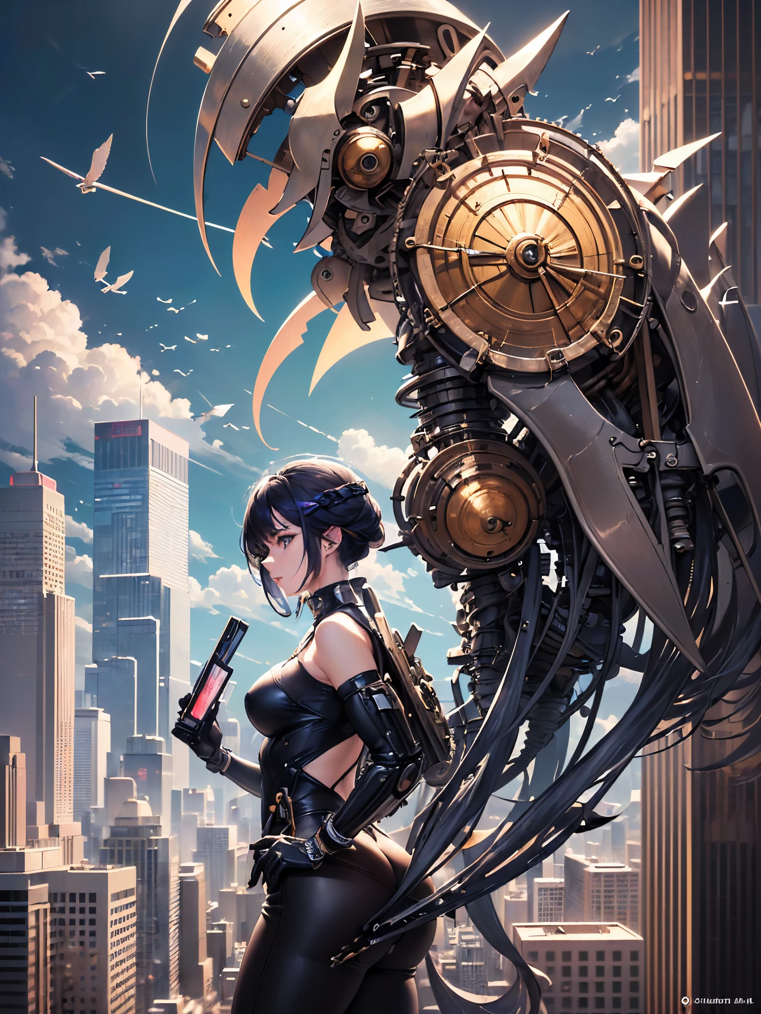 ((highest quality)),(ultra high resolution),(Super detailed),(detailed description),((best CG)),(best work of art),super precision art,great drawing art,(Sci-fi art with precise details:1.5), (1 woman:1.8),(beautiful and well-shaped face:1.5),(Inventor:1.6),((He carries a large mechanical wing on his back.:1.5)),Oil-stained workwear:1.5 Rooftop of a skyscraper:1.5