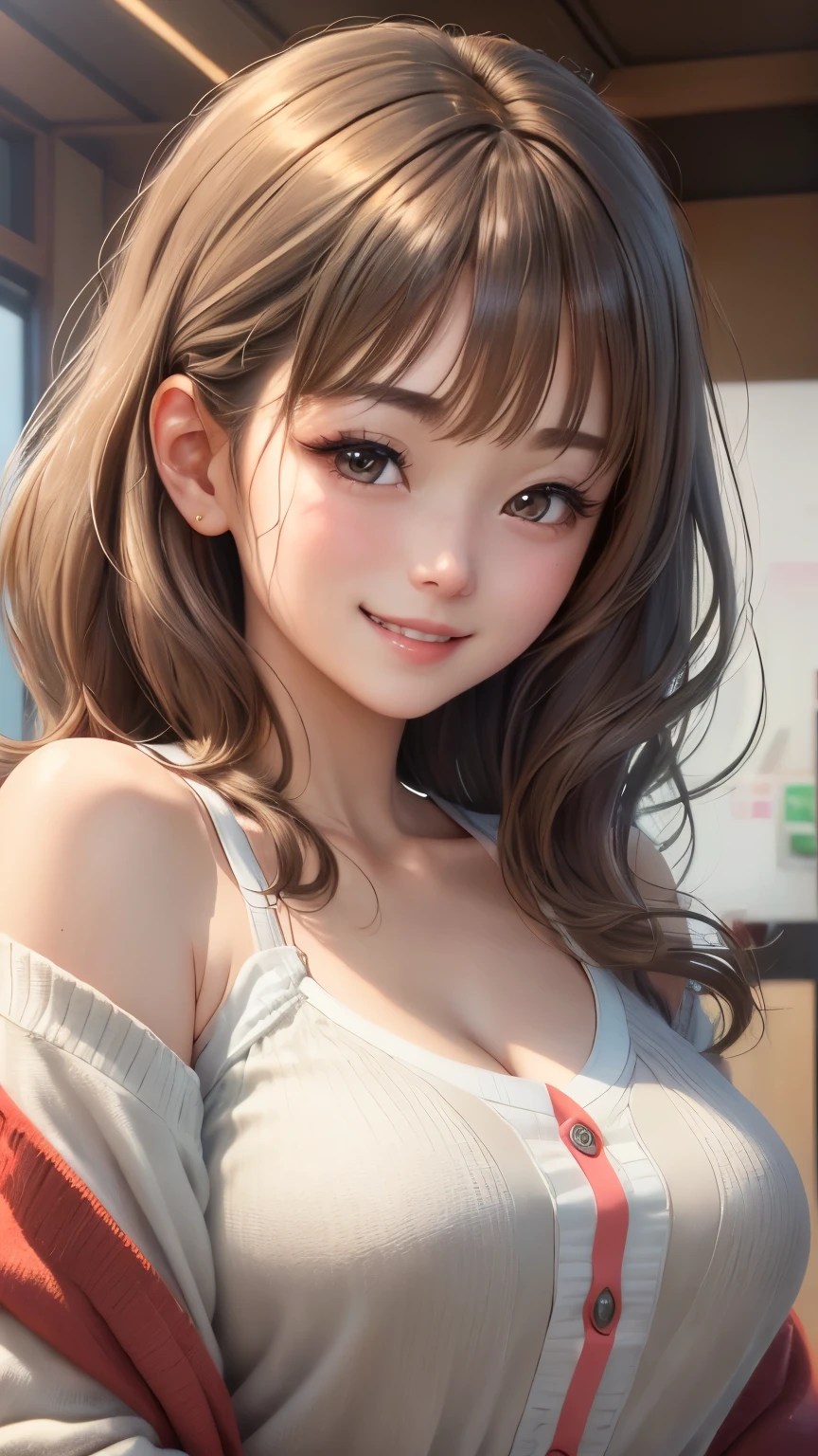 (Highly detailed CG Unity 8K wallpaper、masterpiece、highest quality、super detailed)、(very delicate and beautiful)、(dynamic angle、Portrait)、adult woman、(brown hair)、(Away from the shoulders)、beautiful face、white skin、Depth of bounds written、shining lips、Bright colors。embarrassing、shortcut、straight hair、cardigan、(laughter)、(kind eyes)、happiness、(gray eyes)、Dazzling smile、(oversize)、bright background、valentine chocolate gifts