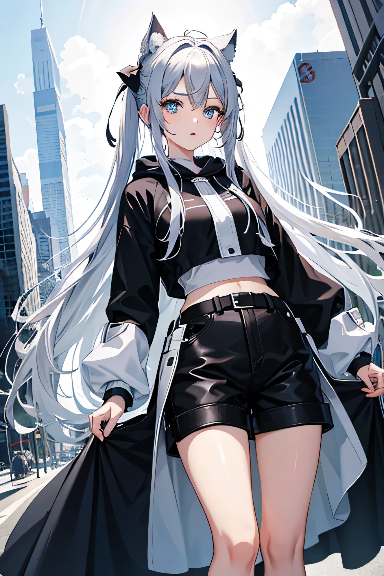 highest quality, highest resolution, masterpiece, Super detailed, 1 girl,beautiful、white skin、silver hair, long flowing hair, blue eyes, wood grain、Ruthless、cool look、black and red(8:2)color hoodie,Gray belted roll-up shorts、white inner、Black Pants Stockings、black short boots、midnight, city,city内、Leaning on a large bike, whole body, diagonal angle