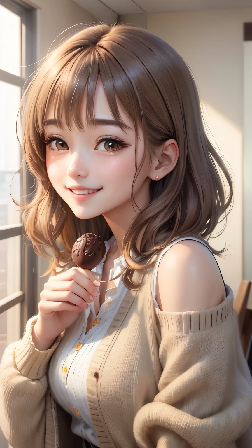 (Highly detailed CG Unity 8K wallpaper、masterpiece、highest quality、super detailed)、(very delicate and beautiful)、(dynamic angle、Portrait)、adult woman、(brown hair)、(Away from the shoulders)、beautiful face、white skin、Depth of bounds written、shining lips、Bright colors。embarrassing、shortcut、straight hair、cardigan、(laughter)、(kind eyes)、happiness、(gray eyes)、Dazzling smile、(oversize)、bright background、valentine chocolate gifts