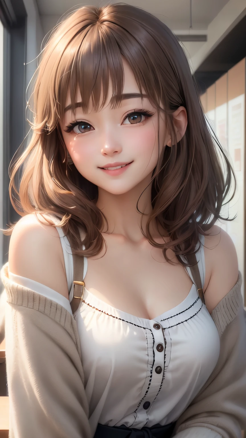 (Highly detailed CG Unity 8K wallpaper、masterpiece、highest quality、super detailed)、(very delicate and beautiful)、(dynamic angle、Portrait)、adult woman、(brown hair)、(Away from the shoulders)、beautiful face、white skin、Depth of bounds written、shining lips、Bright colors。embarrassing、shortcut、straight hair、cardigan、(laughter)、(kind eyes)、happiness、(gray eyes)、Dazzling smile、(oversize)、bright background、valentine chocolate gifts