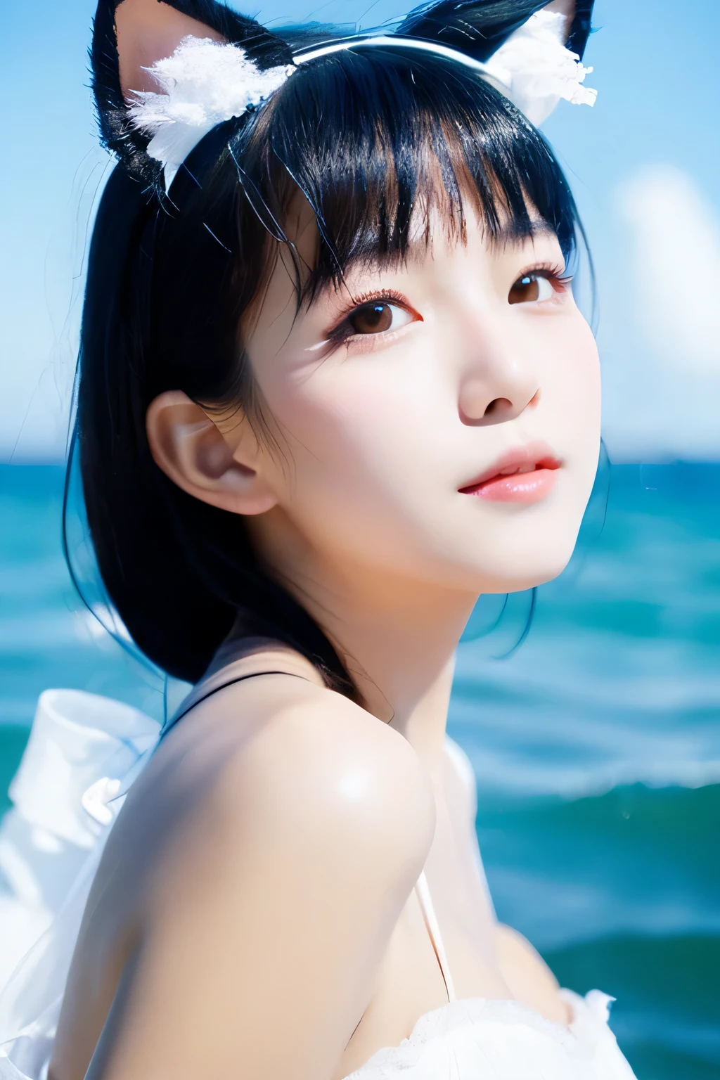 Beautiful woman。Angelic。wearing cat ears。black hair。white skin。Come closer and look forward。Look straight at me。Ocean。look up, up close