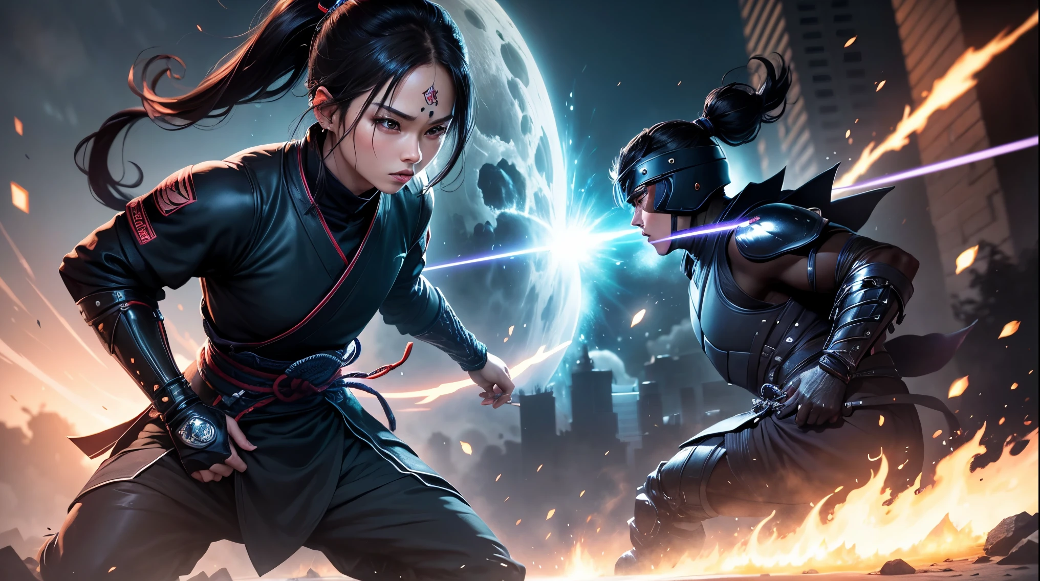 a girl in ninja-suit, flying, intricate, iconic punch stance, fist of nebula explosion, full expression, shout out, epicRealism, UHD, 8k, super detailed,