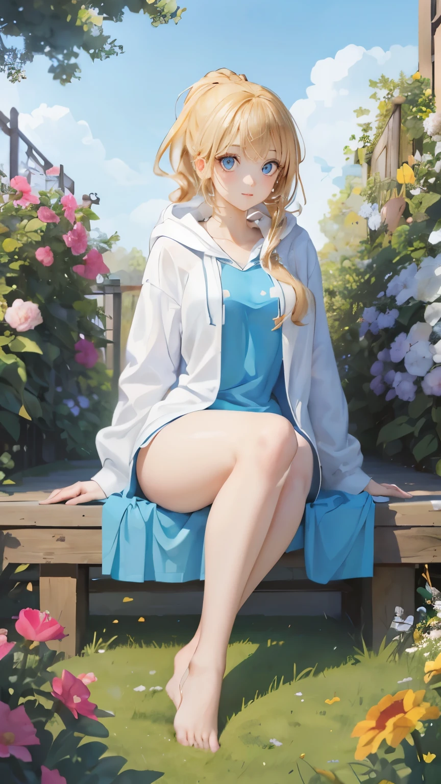 (masterpiece:1.2), (highest quality:1.2),, Curvy but slender body, perfect eyes, perfect face, perfect lighting, 1 girl, in the garden, (feet visible),(kick),(hoodie),(cute gesture),(smile),(ponytail),curly hair, Fine clothes, Detailed outdoor background, compensate, eye shadow, thick eyelashes, fantasy, looking at the viewer, whole body,alice in wonderland、blue sky、Bright and very beautiful face、young shiny glossy white shiny skin、the best beauty、The most beautiful bright blonde hair in the world、thin hair、long hair、Shining beautiful bangs、Glowing crystal clear big blue eyes、Very beautiful lovely 17 year old most beautiful girl in the world、small breasts