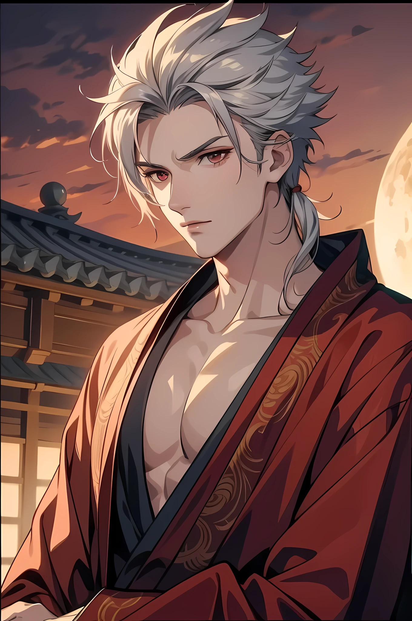  1guy, crimson dragon man with masculine features, long white hair, yukata, heterochromic eyes, white and red tetradic colors, perfect anatomy, 8k resolution, (Single person), masterpiece, perfectly drawn face, intricate details, castle detailed background, 32k, full lips, muscular guy, cinematic lighting, 