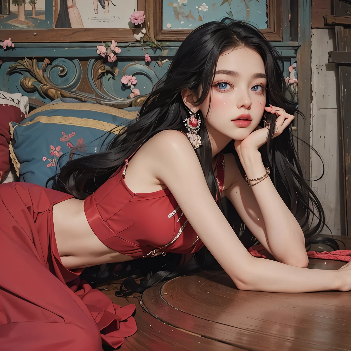 Pretty girl, black hair,long hair, pink lips, thin lips,blue eyes,red dress