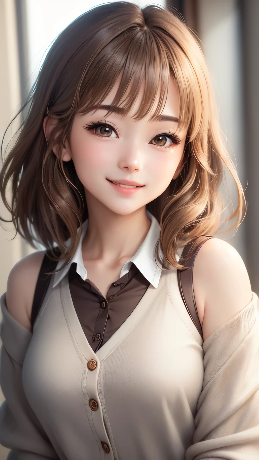 (Highly detailed CG Unity 8K wallpaper、masterpiece、highest quality、super detailed)、(very delicate and beautiful)、(dynamic angle、Portrait)、adult woman、(brown hair)、(Away from the shoulders)、beautiful face、white skin、Depth of bounds written、shining lips、Bright colors。embarrassing、shortcut、straight hair、cardigan、(laughter)、(kind eyes)、happiness、(gray eyes)、Dazzling smile、(oversize)、bright background、valentine chocolate gifts