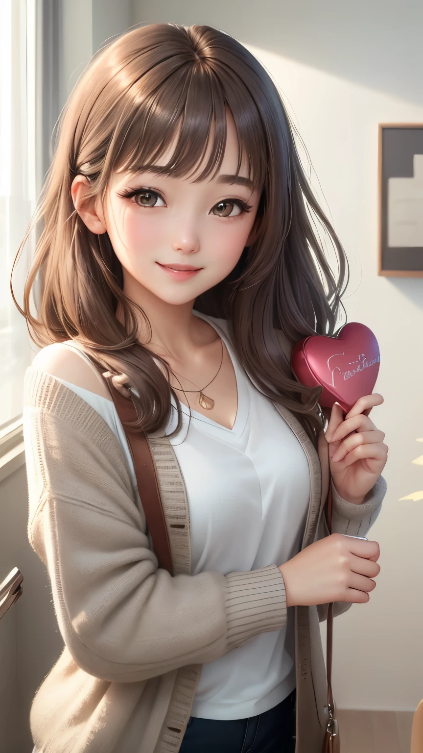 (Highly detailed CG Unity 8K wallpaper、masterpiece、highest quality、super detailed)、(very delicate and beautiful)、(dynamic angle、Portrait)、adult woman、(brown hair)、(Away from the shoulders)、beautiful face、white skin、Depth of bounds written、shining lips、Bright colors。embarrassing、shortcut、straight hair、cardigan、(laughter)、(kind eyes)、happiness、(gray eyes)、Dazzling smile、(oversize)、bright background、valentine chocolate gifts