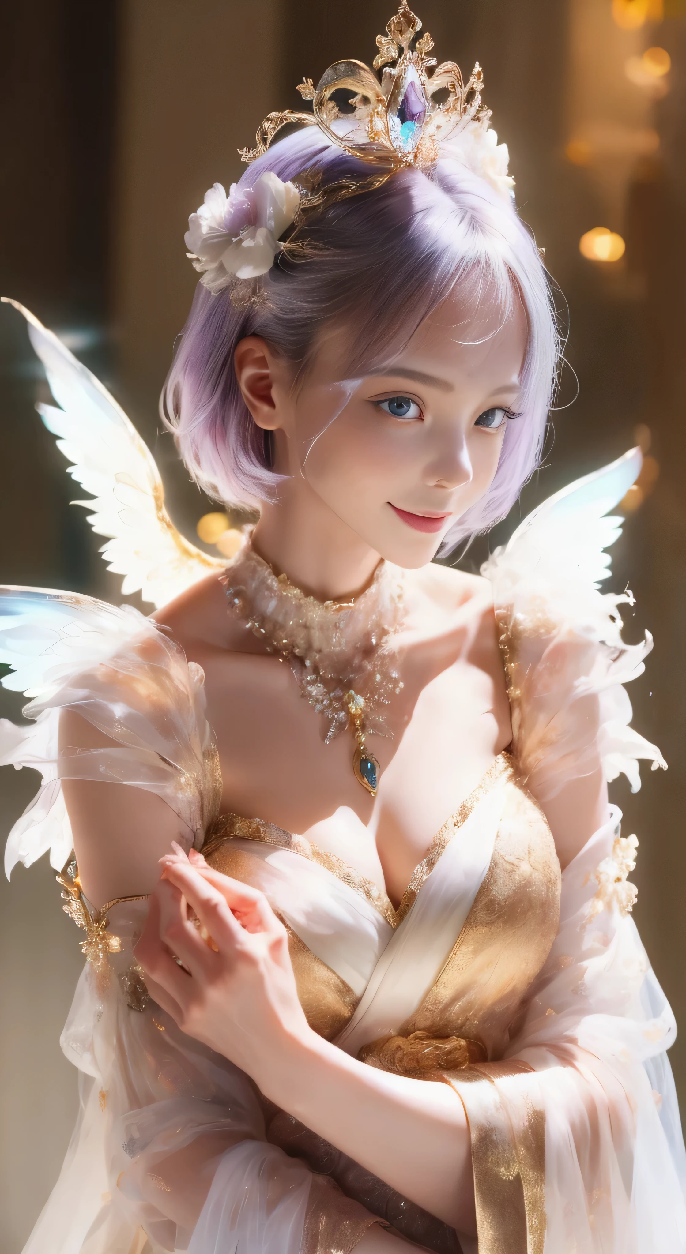 castle in the distance、face is in front、look at the camera、profile、8K、real photos、ultra high resolution, master parts, highest quality, ticker , cinematic images,nice girl、Ann、16talent、Annグロサクソン、double eyelid、droopy eyes、very big eyes、eyes are purple、dark eye shadow、lips are very thin、The tip of your nose grows beautifully............、small nose,,,,, very detailed , silver hair、straight short hair、smile、 sweet expression 、)、very clear shadows , jewelry , fine eyes, extremely difficult, shiny skin , パーフェクトブリリAnnト, perfect sentence, dramatic shadow、white tiara on head、Gold necklace around the neck、White aristocratic dress with gold embroidery、glass high heels、angel wings
