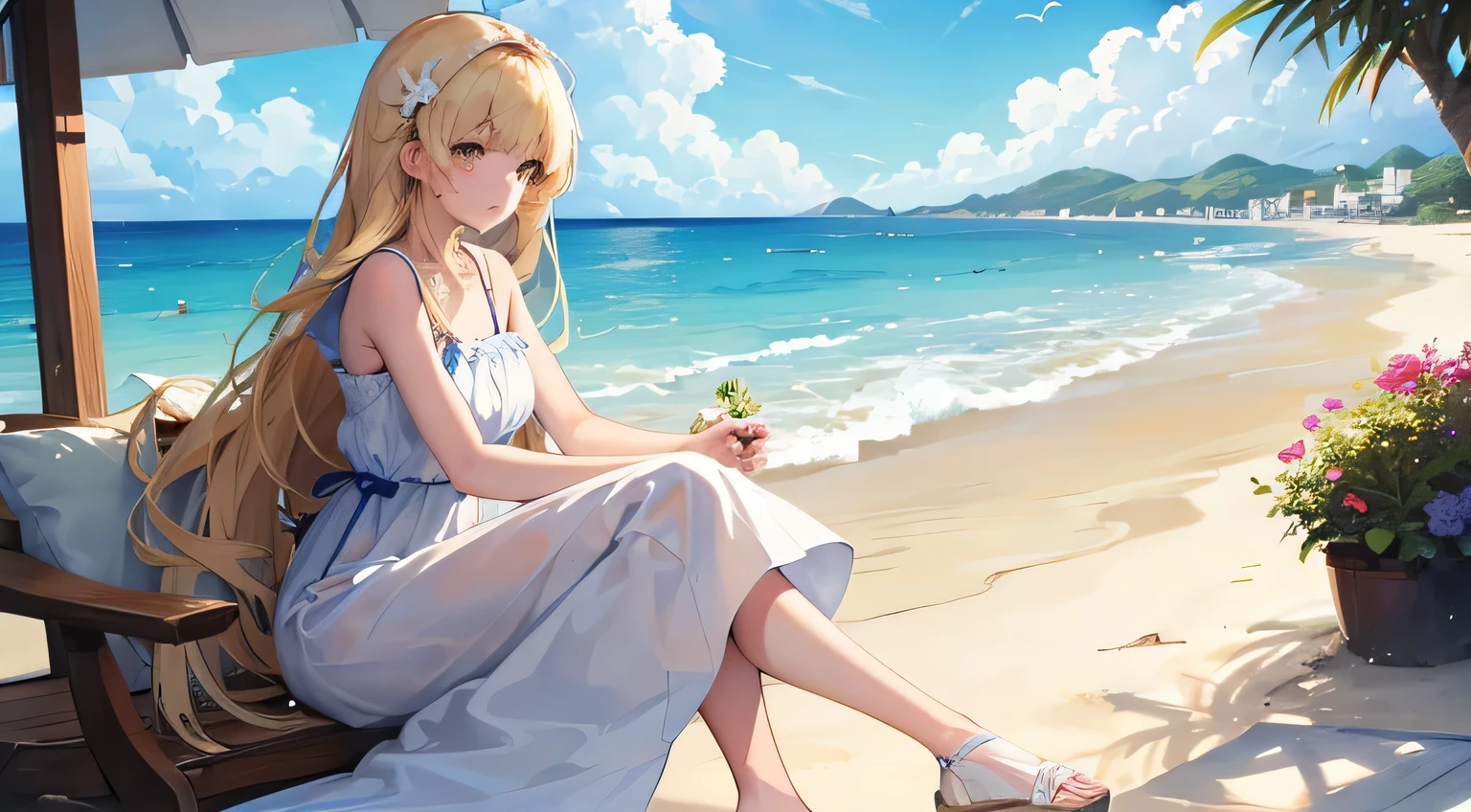 Gentle anime style girl on the seaside in June. She is wearing a summer dress and only her feet are in the sea., standing and holding sandals in hand. Captures a calm ocean scene with gentle waves crashing onto the shore。. The sky is clear and blue, Reflecting the light of a warm summer day. her hair gently sways in the sea breeze, and she has a calm feeling, A satisfied expression appears on her face as she looks out over the water., Enjoy the solitude and beauty of the early summer beach.
