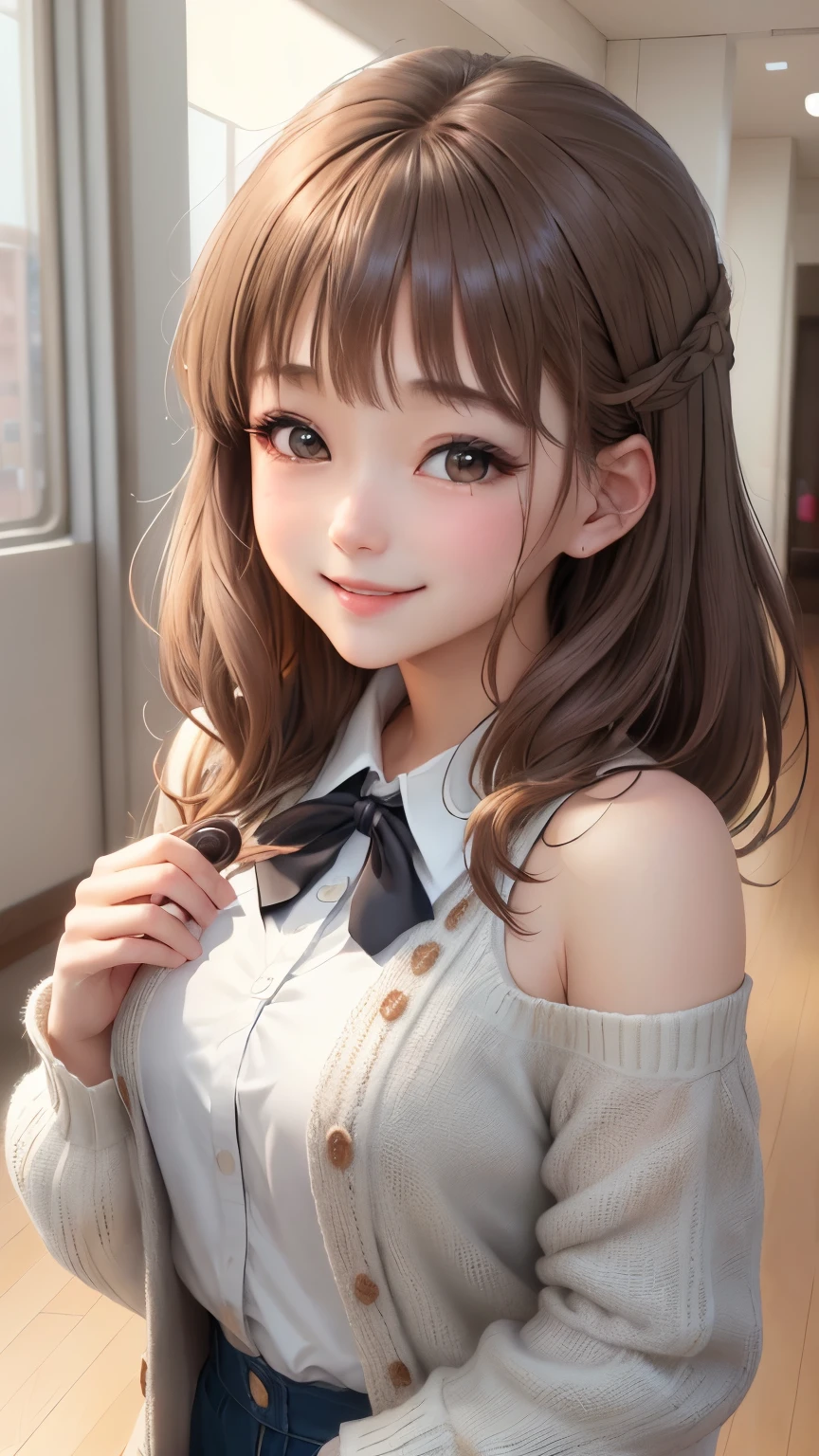 (Highly detailed CG Unity 8K wallpaper、masterpiece、highest quality、super detailed)、(very delicate and beautiful)、(dynamic angle、Portrait)、adult woman、(brown hair)、(Away from the shoulders)、beautiful face、white skin、Depth of bounds written、shining lips、Bright colors。embarrassing、shortcut、straight hair、cardigan、(laughter)、(kind eyes)、happiness、(gray eyes)、Dazzling smile、(oversize)、bright background、valentine chocolate gifts