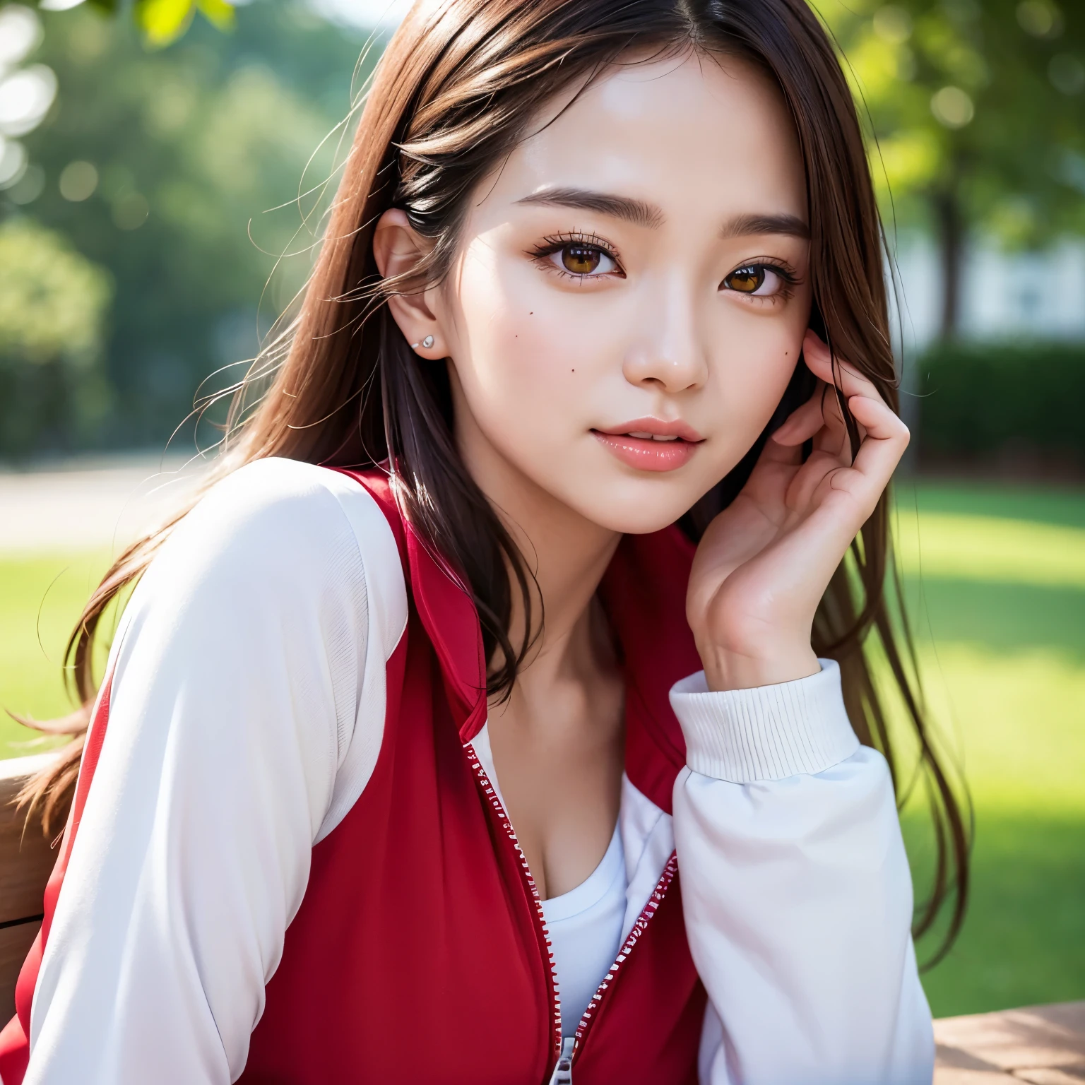 (highest quality、table top、8K、best image quality、Award-winning work)、one beautiful woman、Shining beautiful skin、(most stylish tracksuit:1.2)、(Unzip the jersey and show a little cleavage:1.3)、(The most natural and perfect tracksuit:1.4)、Shining ultra-high definition skin、(accurate anatomy:1.3)、A gentle smile looking at me、(seduce me:1.1)、(photo from the chest up:1.05)、(close up of face:1.2)、Standing gracefully、(Blurry park background:1.2)、portrait photography、(draw softly and smoothly:1.1)、(very bright and vivid:1.1)、very romantic、光を受けてShining beautiful skin、(very bright and refreshing:1.2)、(the most detailed and perfect face:1.1)、(most detailed glowing eyes:1.1)、(beautiful and moisturized skin:1.1)、(1 person:1.1)、The most detailed super high definition beautiful face、Ultra high definition glossy lips、Super high-definition sparkling eyes、Super high-definition glossy skin