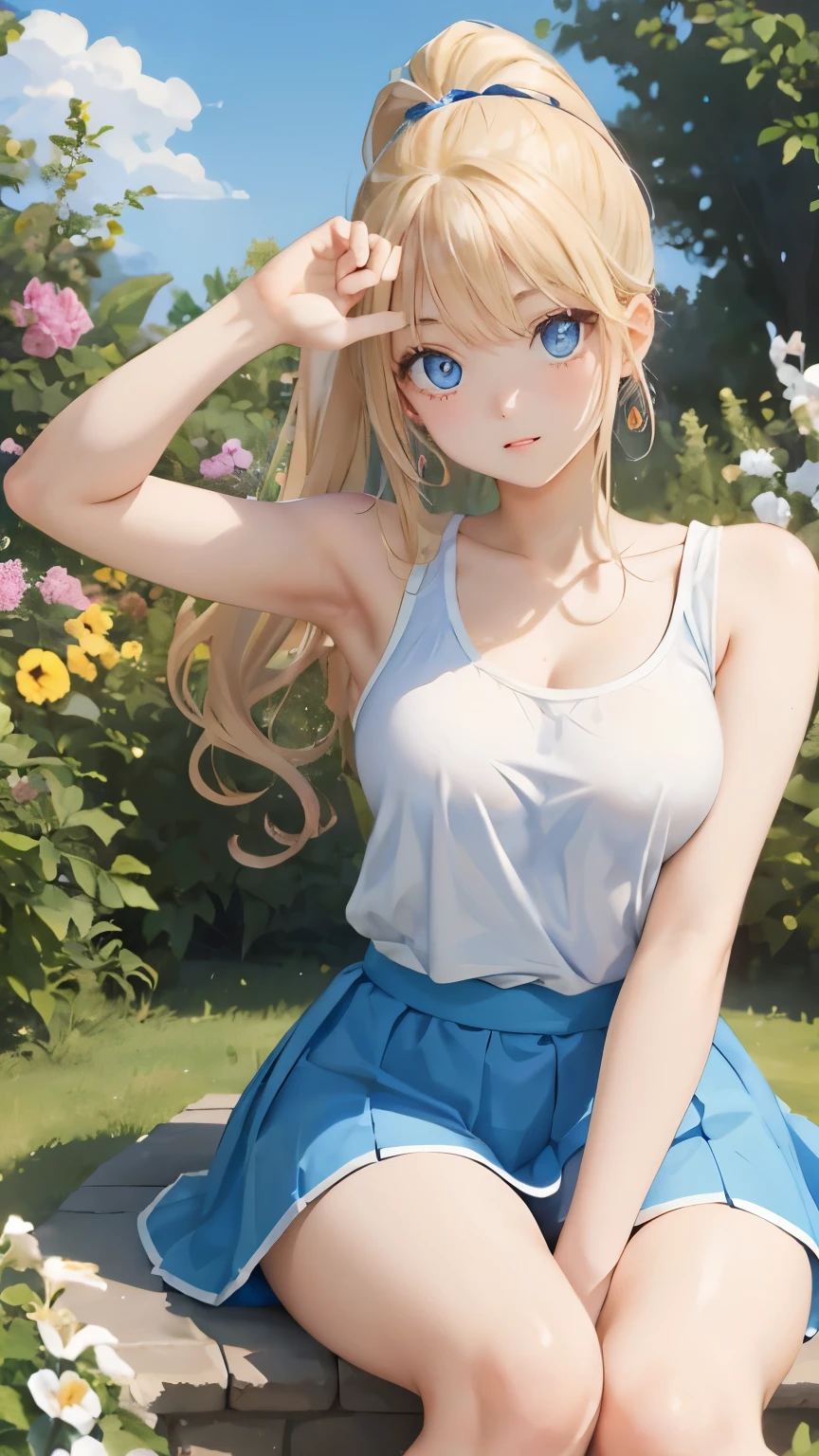 (masterpiece:1.2), (highest quality:1.2),, Curvy but slender body, perfect eyes, perfect face, perfect lighting, 1 girl, in the garden, (feet visible),(hoodie),(shorts),(Tank top),(ponytail),curly hair, Fine clothes, Detailed outdoor background, compensate, eye shadow, thick eyelashes, fantasy, looking at the viewer, whole body,alice in wonderland、blue sky、Bright and very beautiful face、young shiny glossy white shiny skin、the best beauty、The most beautiful bright blonde hair in the world、thin hair、long hair、Shining beautiful bangs、Glowing crystal clear big blue eyes、Very beautiful and lovely 18 years old, the most beautiful girl in the world、small breasts