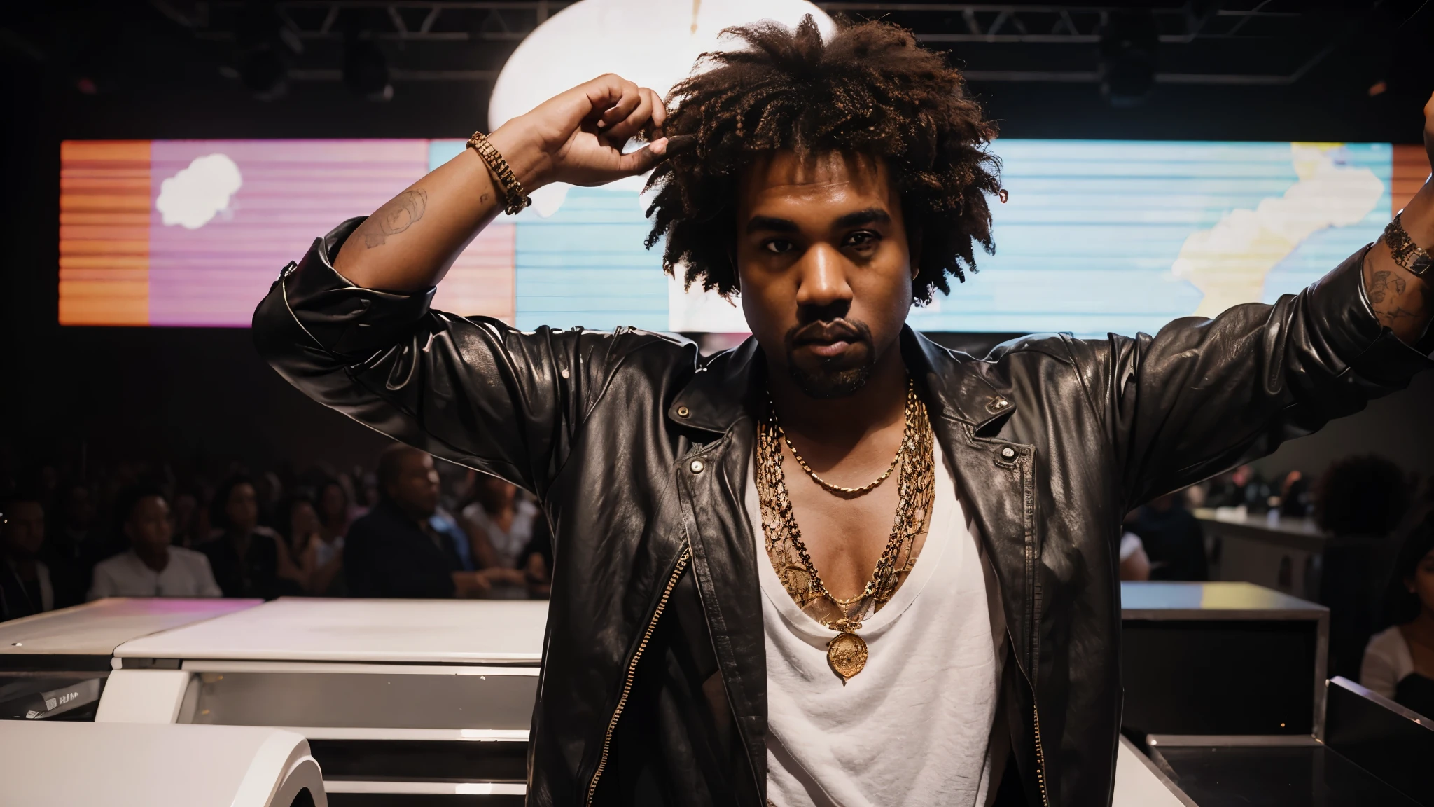 Kanye west with a afro haircut, wearing a 80's pop idol outfit, 80's music, R&B
