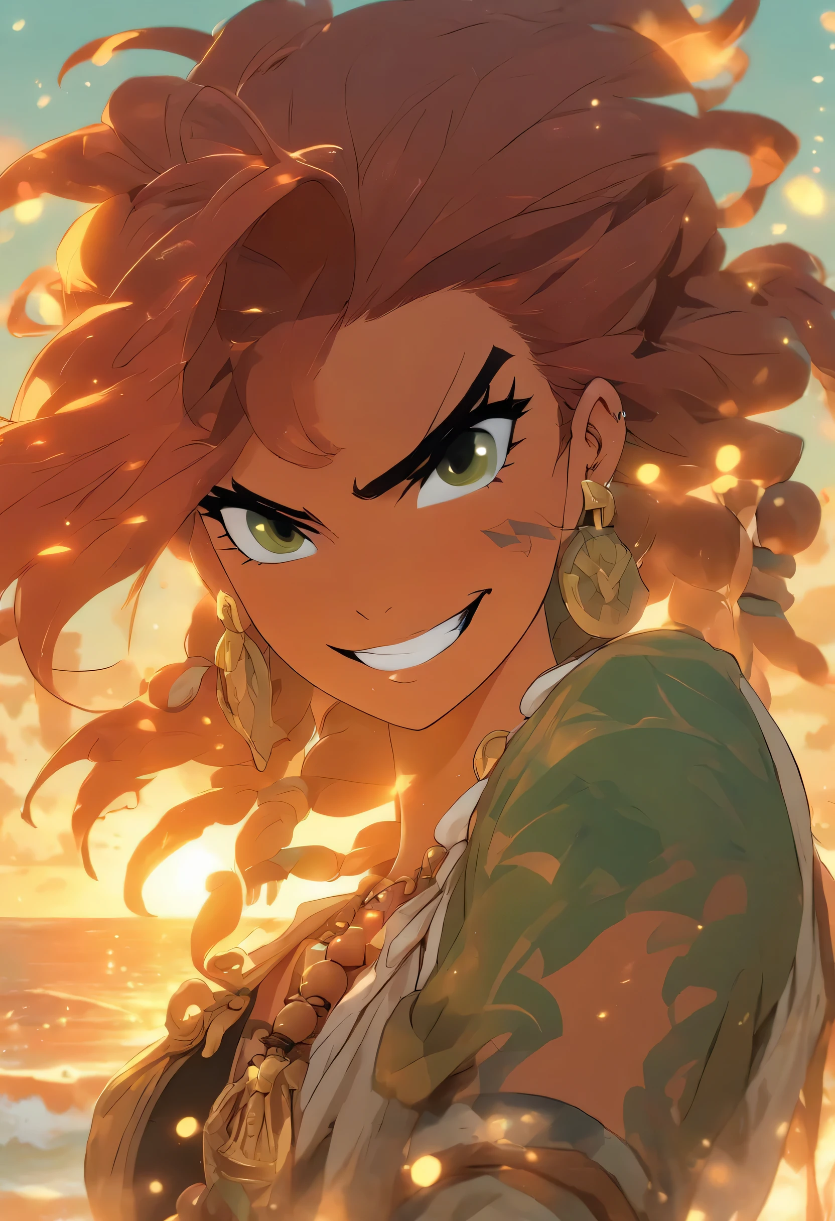 A cartoon image of a pirate queen with bold facial features, standing confidently. She has long, wavy red hair with a tricorner hat. She's wearing a leather vest over a billowing white shirt and a tattered black skirt. Her necklace is a string of pearls and gold coins, and she has a compass rose tattoo on her right forearm. The background is a tropical cove at dawn, with the sun's rays casting a golden sheen over the palm trees and the calm sea. The colors are a mix of sandy beiges, seafoam greens, and the radiant gold of the morning sun. The woman's expression is adventurous and dauntless.