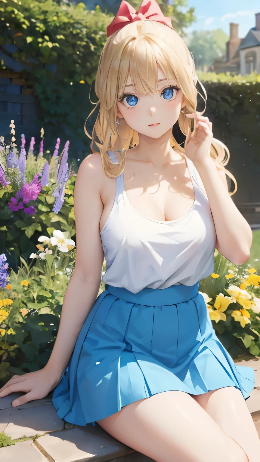 (masterpiece:1.2), (highest quality:1.2),, Curvy but slender body, perfect eyes, perfect face, perfect lighting, 1 girl, in the garden, （sweater），（whole bodyが見える），（sexy），（skirt），（sunglasses），（ponytail），curly hair, fine clothes, detailed outdoor background, compensate, eye shadow, thick eyelashes, fantasy, looking at the viewer, whole body，alice in wonderland、blue sky、Bright and very beautiful face、young shiny glossy white shiny skin、the best beauty、the most beautiful bright blonde hair in the world、thin hair、long hair、Shining beautiful bangs、Glowing crystal clear big blue eyes、Very beautiful and lovely 18 years old, the most beautiful girl in the world、small breasts