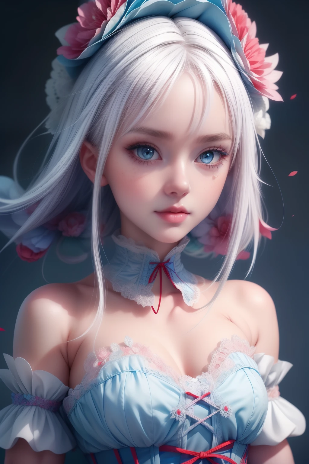 (1 cute girl), (white hair), grey eyes, wearing a beautiful baby blue lace dress. White skin, splat art background, eye_detail, multi coloured background_detail, face_detail, hair_detail with red flower, more_detail, add_detail, add detailed, cute_face, corset, (upper body shot), posing