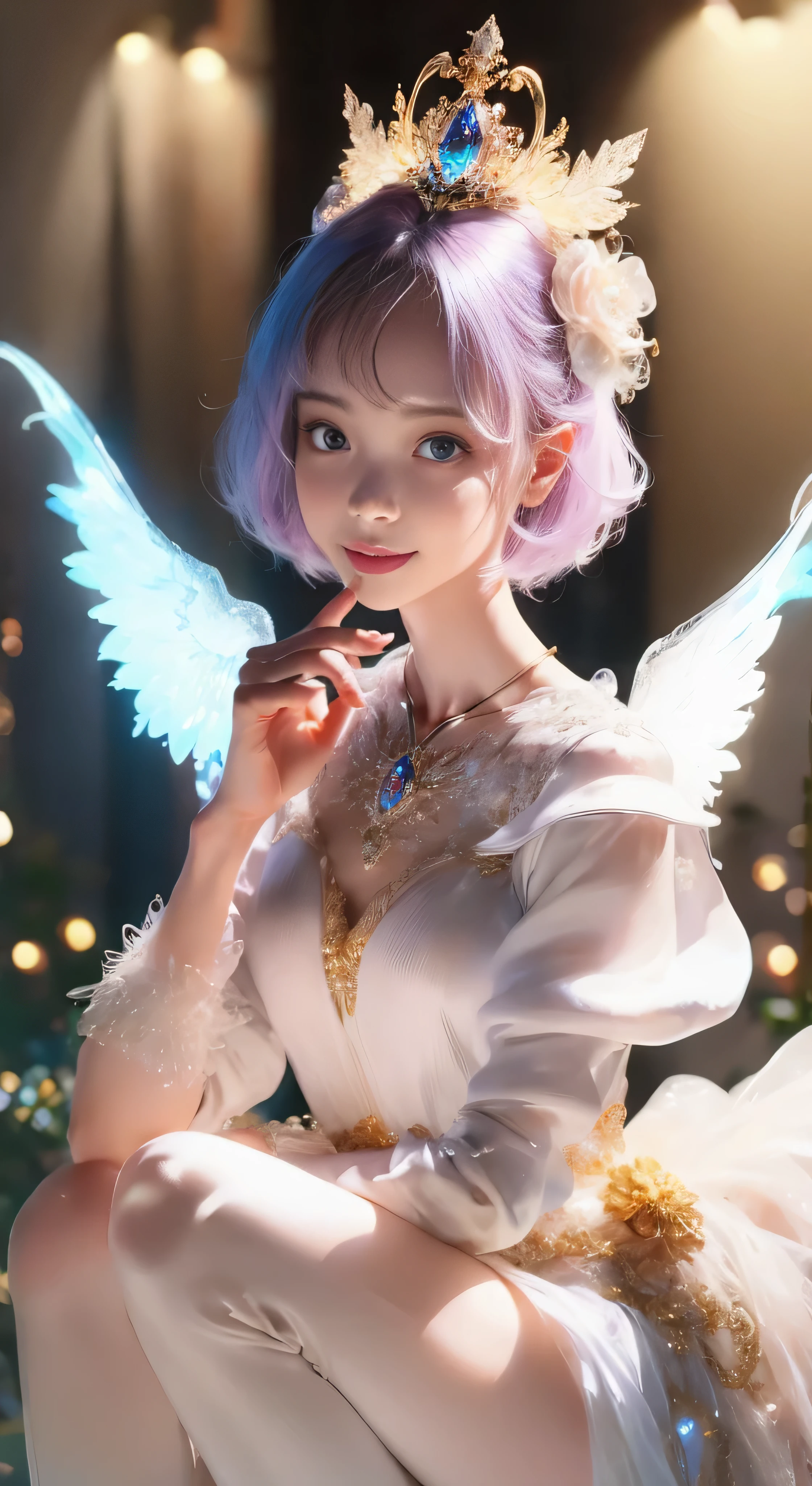 castle in the distance、face is in front、look at the camera、profile、8K、real photos、ultra high resolution, master parts, highest quality, ticker , cinematic images,nice girl、Ann、16talent、Annグロサクソン、double eyelid、droopy eyes、very big eyes、eyes are purple、dark eye shadow、lips are very thin、The tip of your nose grows beautifully............、small nose,,,,, very detailed , silver hair、straight short hair、smile、 sweet expression 、)、very clear shadows , jewelry , fine eyes, extremely difficult, shiny skin , パーフェクトブリリAnnト, perfect sentence, dramatic shadow、white tiara on head、gold necklace around neck、White aristocratic dress with gold embroidery、glass high heels、angel wings