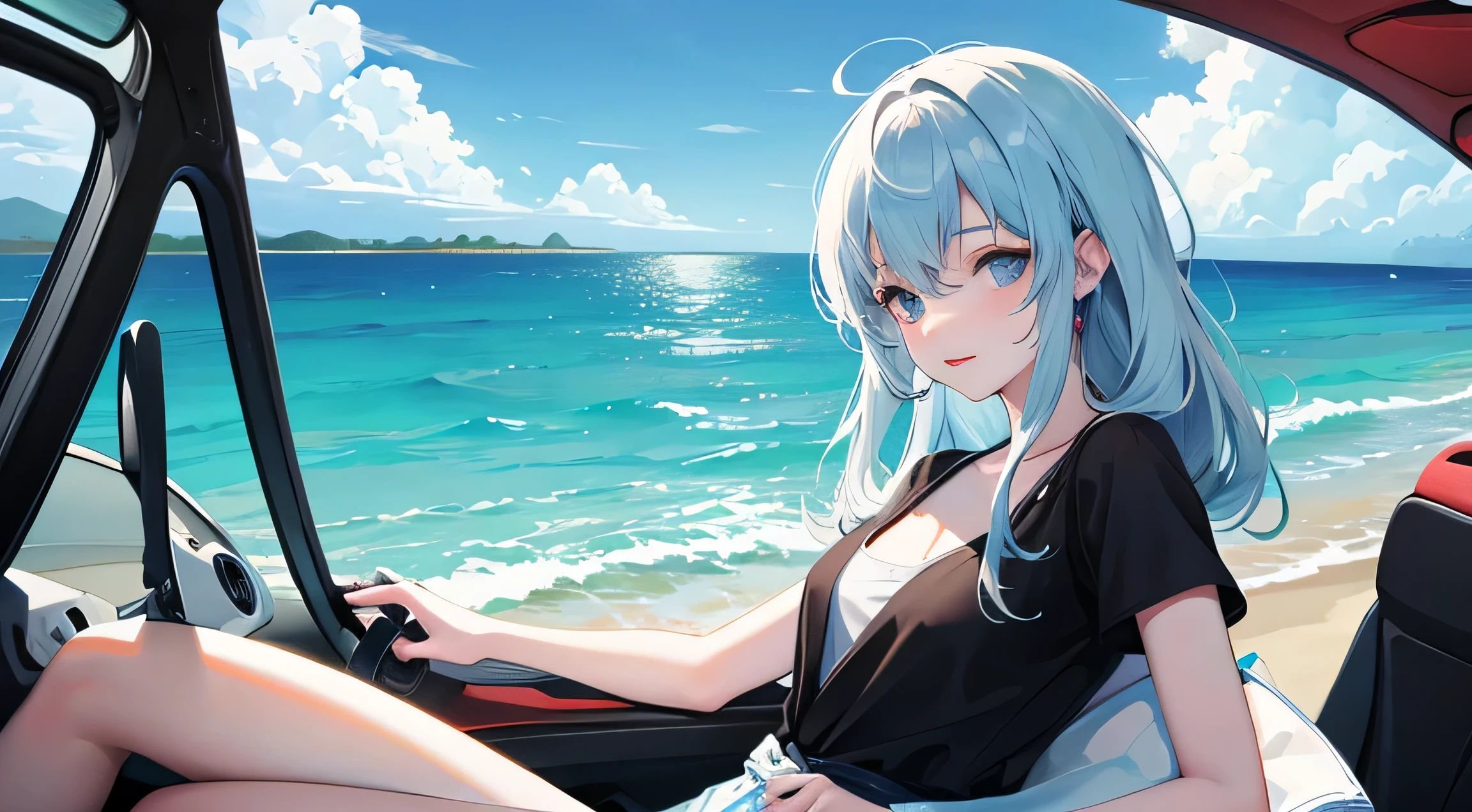 A gentle anime-style girl enjoying a coastal drive in June. she&#39;s in the passenger seat of the convertible, top down, Feeling the fresh sea breeze. her hair blows freely in the wind, and she has a gentle smile, look at the scenery. You can see the coastline in the background, Under a bright blue sky、A vast ocean that stretches to the horizon. Images that capture the essence of a carefree summer day, The expression of a happy girl taking a leisurely drive along the beach.