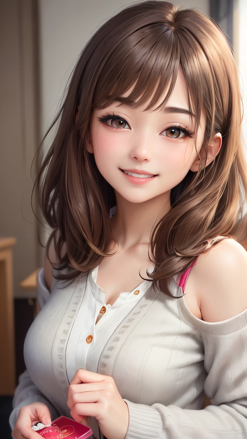 (Highly detailed CG Unity 8K wallpaper、masterpiece、highest quality、super detailed)、(very delicate and beautiful)、(dynamic angle、Portrait)、adult woman、(brown hair)、(Away from the shoulders)、beautiful face、white skin、Depth of bounds written、shining lips、Bright colors。embarrassing、shortcut、straight hair、cardigan、(laughter)、(kind eyes)、happiness、(gray eyes)、Dazzling smile、(oversize)、bright background、valentine chocolate gifts