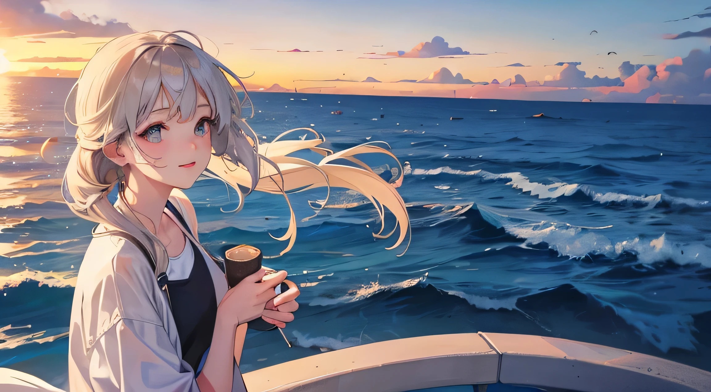 A gentle anime-style girl enjoying a coastal drive in June. she&#39;s in the passenger seat of the convertible, top down, Feeling the fresh sea breeze. her hair blows freely in the wind, and she has a gentle smile, look at the scenery. You can see the coastline in the background, Under a bright blue sky、A vast ocean that stretches to the horizon. Images that capture the essence of a carefree summer day, The expression of a happy girl taking a leisurely drive along the beach.