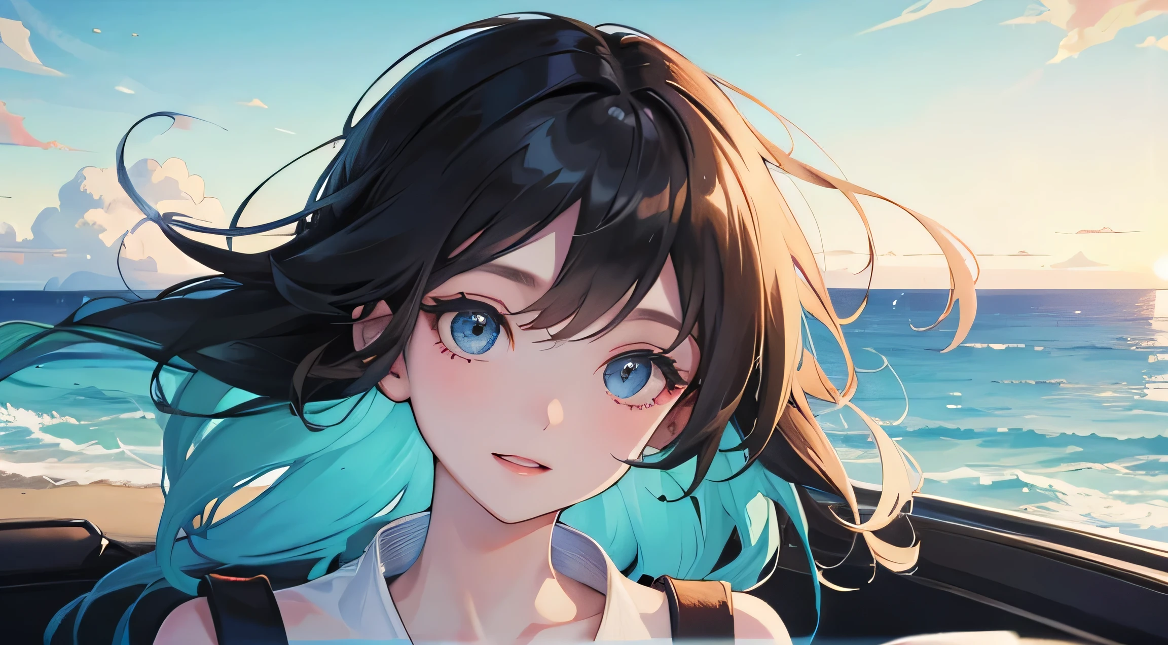 A gentle anime-style girl enjoying a coastal drive in June. she's in the passenger seat of the convertible, top down, Feeling the fresh sea breeze. her hair blows freely in the wind, and she has a gentle smile, look at the scenery. You can see the coastline in the background, Under a bright blue sky、A vast ocean that stretches to the horizon. Images that capture the essence of a carefree summer day, The expression of a happy girl taking a leisurely drive along the beach.