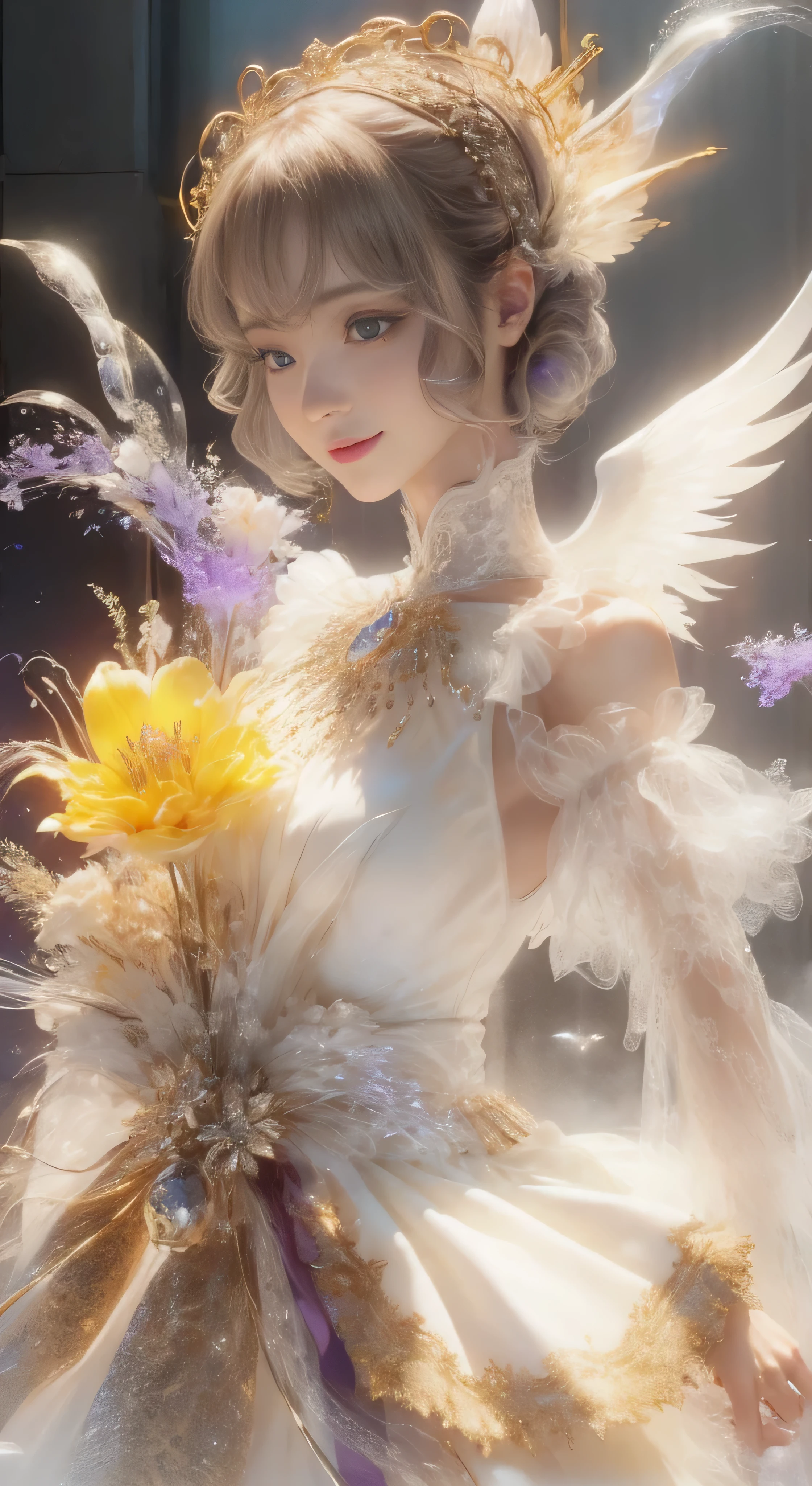 castle in the distance、face is in front、look at the camera、profile、8K、real photos、ultra high resolution, master parts, highest quality, ticker , cinematic images,nice girl、Ann、16talent、Annグロサクソン、double eyelid、droopy eyes、very big eyes、eyes are purple、dark eye shadow、lips are very thin、The tip of your nose grows beautifully............、small nose,,,,, very detailed , silver hair、straight short hair、smile、 sweet expression 、)、very clear shadows , jewelry , fine eyes, extremely difficult, shiny skin , パーフェクトブリリAnnト, perfect sentence, dramatic shadow、white tiara on head、Gold necklace around the neck、White aristocratic dress with gold embroidery、glass high heels、angel wings