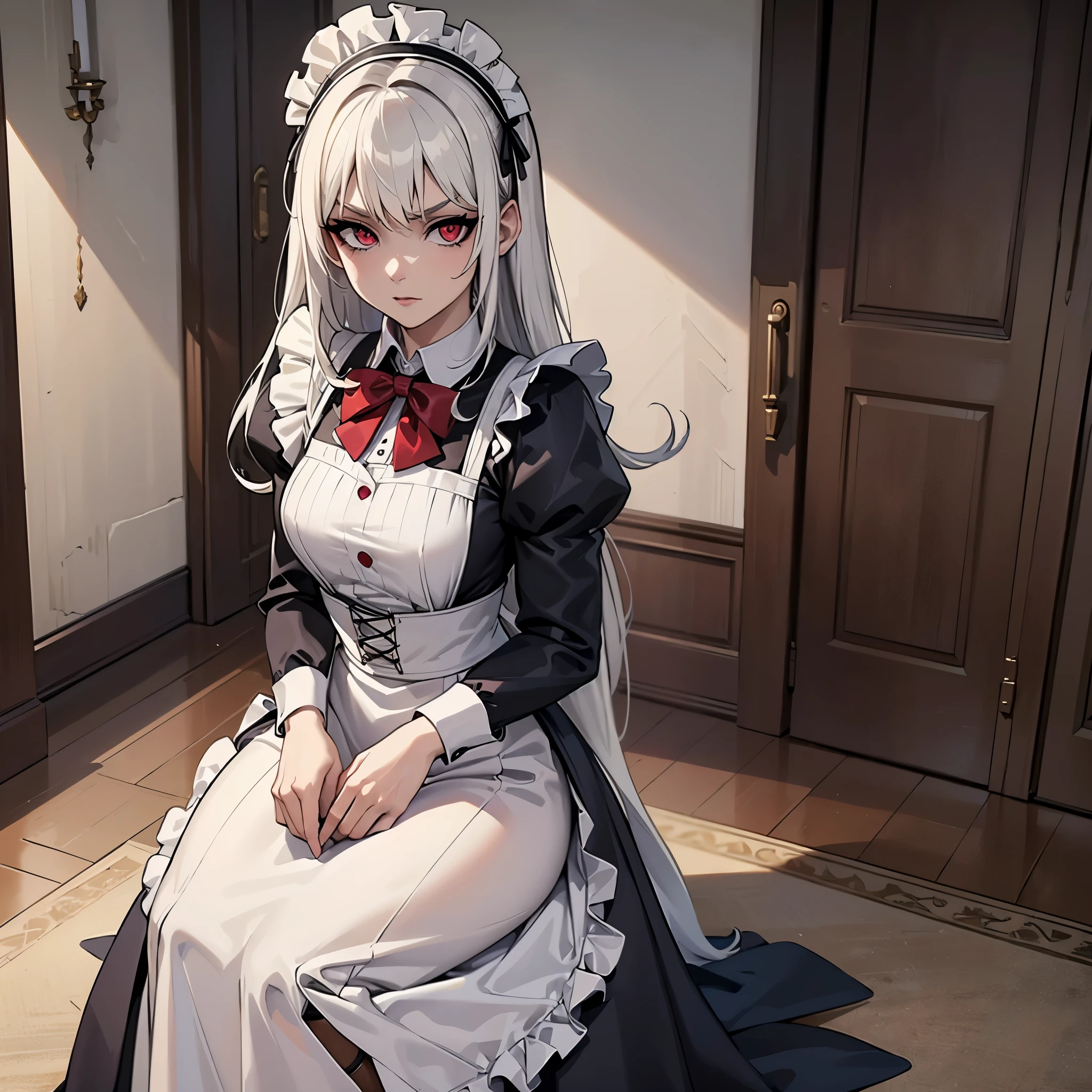 Female vampire, has white/silver hair, has red eyes, masterpiece, perfect eyes, pale skin, wearing Victorian Maid dress, portrait, Gothic boots, stockings, Gothic vampire aesthetic, Standing straight, calm expression, solo, alone, (SOLO)(ALONE)