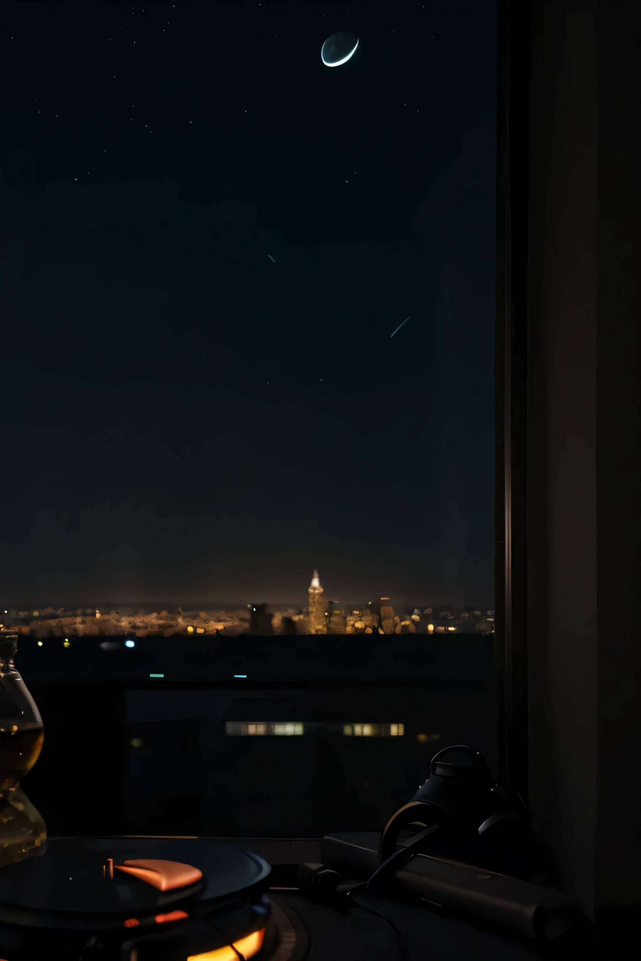draw a calm image, Night cityscape seen from a comfortable location, dim room. There is a vintage turntable in the foreground.、Warm light softly illuminates the darkness。, amber light, Play a vinyl record that oozes softness, crackling lo-fi beats. Outside the window, The city sleeps under a blanket of stars, Silhouettes of distant buildings appear in the moonlit sky. The scene is filled with a sense of tranquility and solitude, Invites the viewer into a moment of introspection and peace.。. The overall atmosphere is warm., intimate, Deeply connected to the soulful rhythms of lo-fi music, Perfect for late night relaxation and creative inspiration