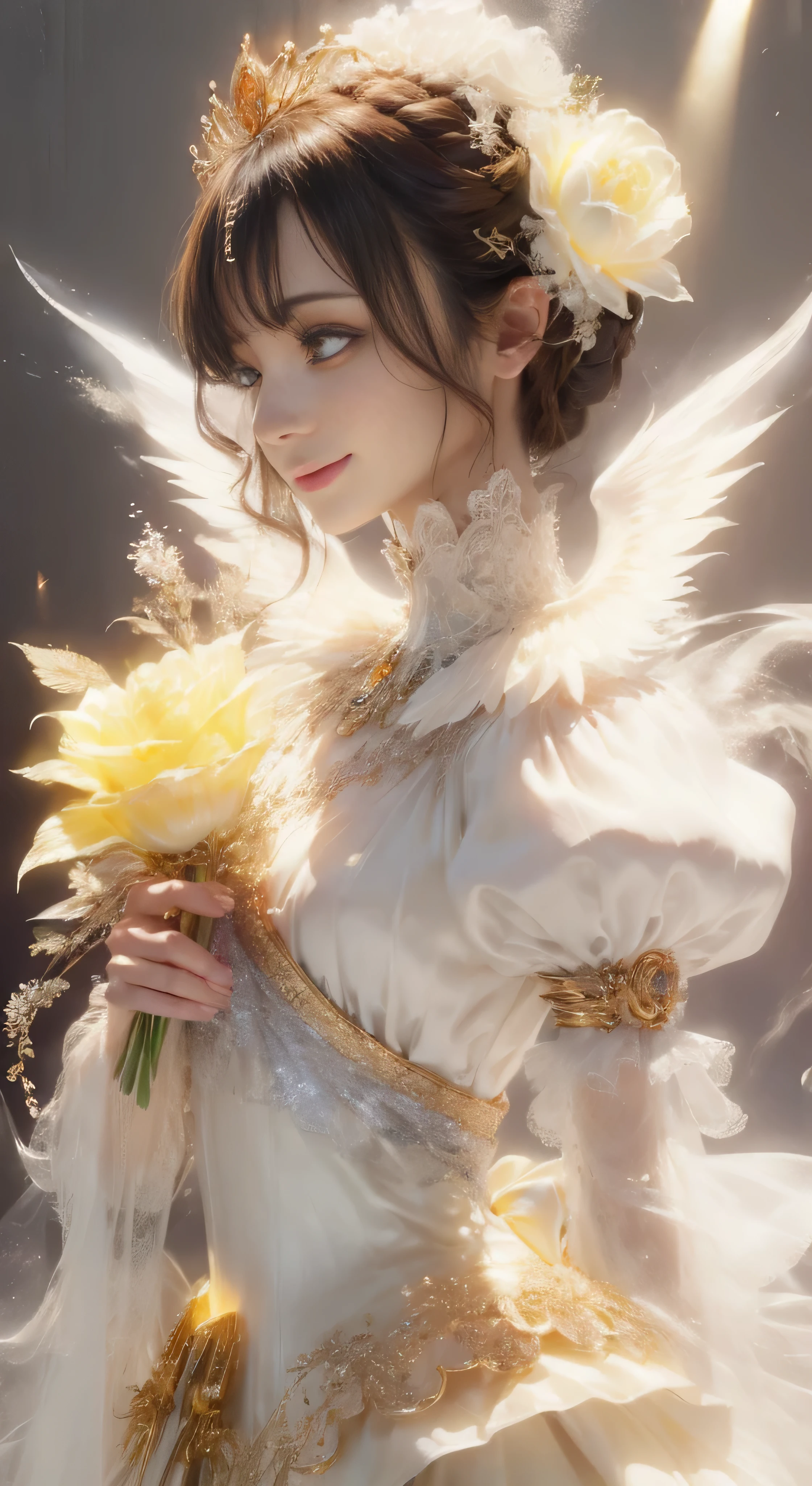 castle in the distance、face is in front、look at the camera、profile、8K、real photos、ultra high resolution, master parts, highest quality, ticker , cinematic images,nice girl、Ann、１６talent、Annグロサクソン、double eyelid、droopy eyes、very big eyes、eyes are purple、dark eye shadow、lips are very thin、The tip of your nose grows beautifully............、small nose,,,,, very detailed , silver hair、straight short hair、smile、 sweet expression 、）、very clear shadows , jewelry , fine eyes, extremely difficult, shiny skin , パーフェクトブリリAnnト, perfect sentence, dramatic shadow、white tiara on head、Gold necklace around the neck、White aristocratic dress with gold embroidery、glass high heels、angel wings