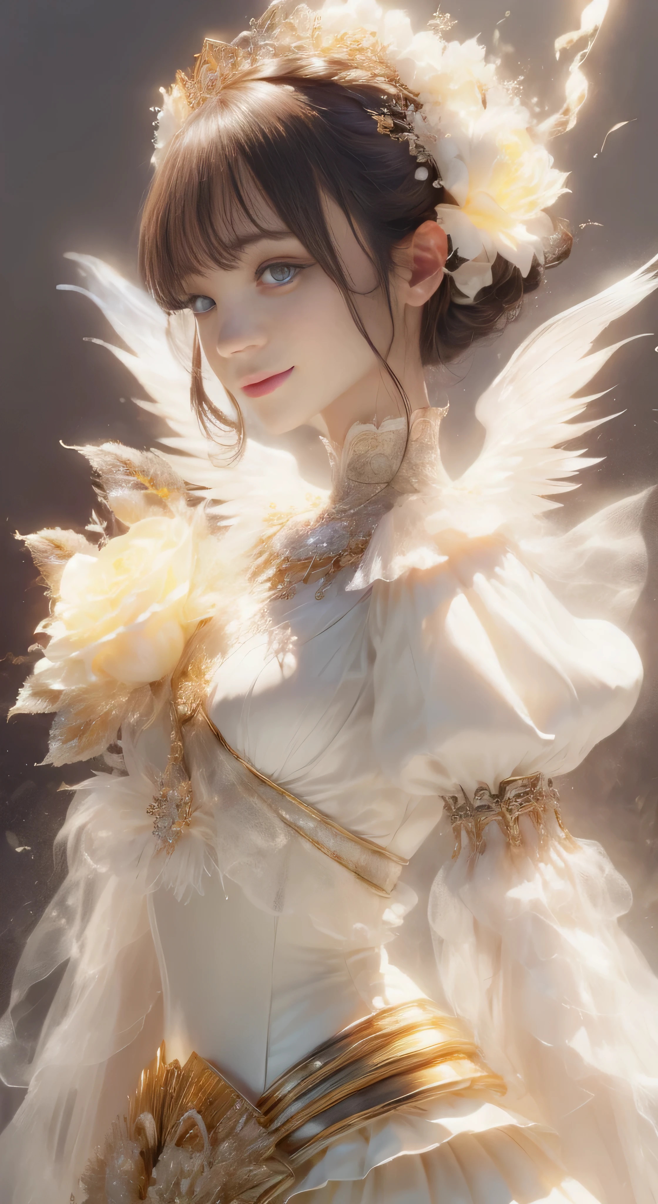 castle in the distance、face is in front、look at the camera、profile、8K、real photos、ultra high resolution, master parts, highest quality, ticker , cinematic images,nice girl、Ann、16 only、Annグロサクソン、double eyelid、droopy eyes、very big eyes、eyes are purple、dark eye shadow、lips are very thin、The tip of your nose grows beautifully.......................................................、small nose,,,,, very detailed , silver hair、straight short hair、smile、 sweet expression 、)、very clear shadows , jewelry , fine eyes, extremely difficult, shiny skin , パーフェクトブリリAnnト, perfect sentence, dramatic shadow、white tiara on head、Gold necklace around the neck、White aristocratic dress with gold embroidery、glass high heels、angel wings