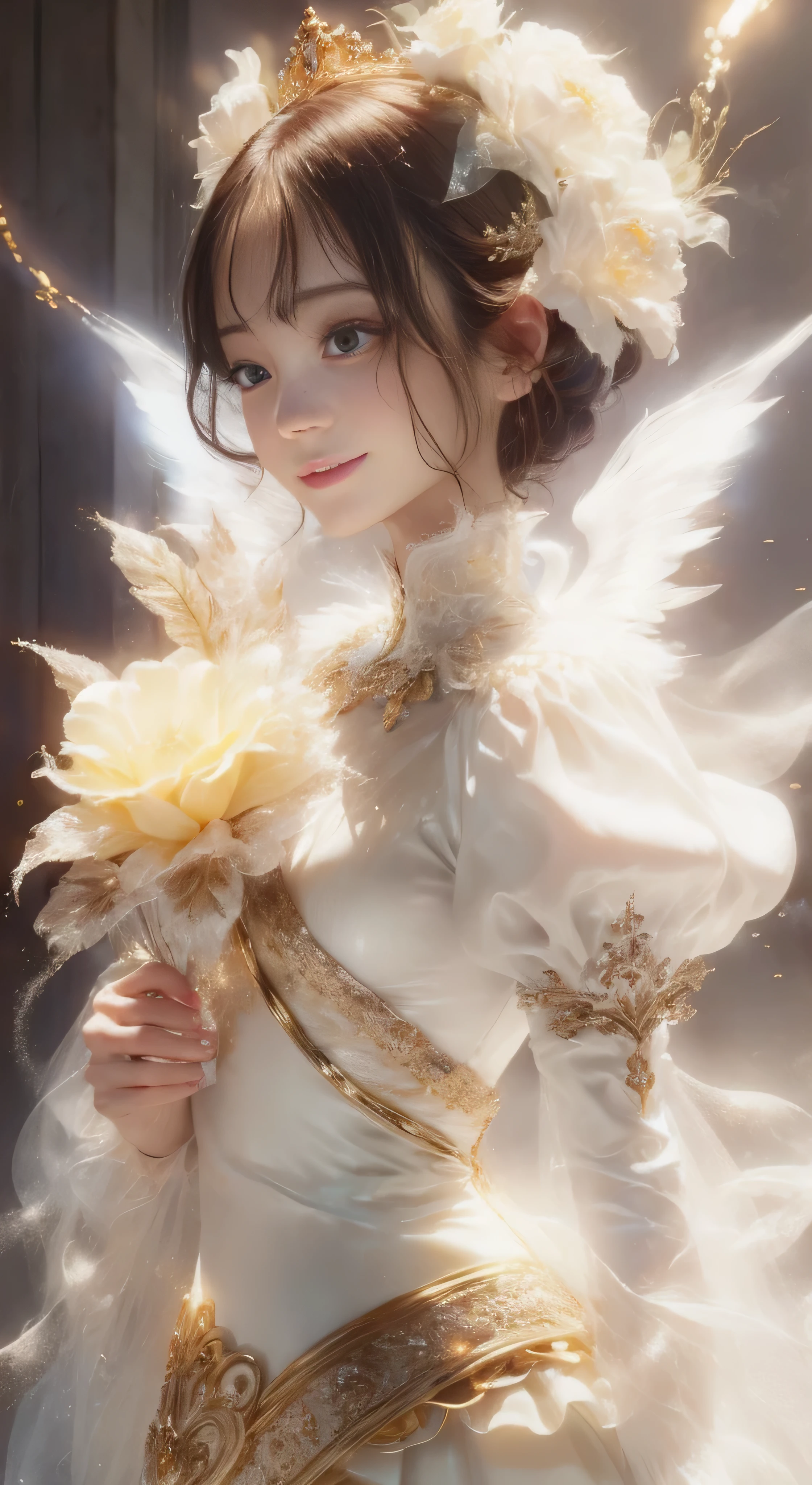 castle in the distance、face is in front、look at the camera、profile、8K、real photos、ultra high resolution, master parts, highest quality, ticker , cinematic images,nice girl、Ann、16 only、Annグロサクソン、double eyelid、droopy eyes、very big eyes、eyes are purple、dark eye shadow、lips are very thin、The tip of your nose grows beautifully.......................................................、small nose,,,,, very detailed , silver hair、straight short hair、smile、 sweet expression 、)、very clear shadows , jewelry , fine eyes, extremely difficult, shiny skin , パーフェクトブリリAnnト, perfect sentence, dramatic shadow、white tiara on head、Gold necklace around the neck、White aristocratic dress with gold embroidery、glass high heels、angel wings