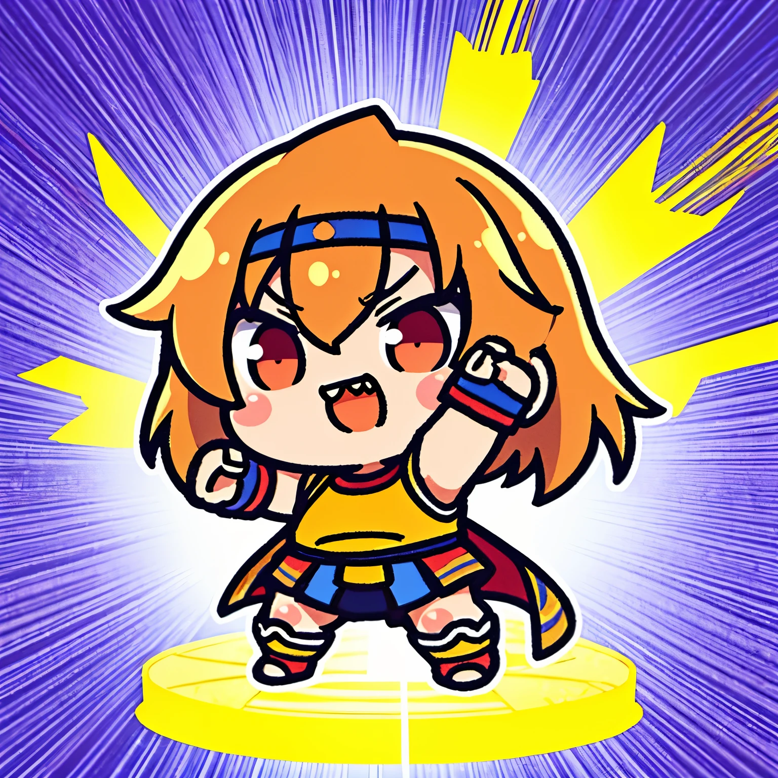 best quality, (chibi, super deformed, full body, 3D), strong handsome warrior raises his right hand to the sky in the arena.