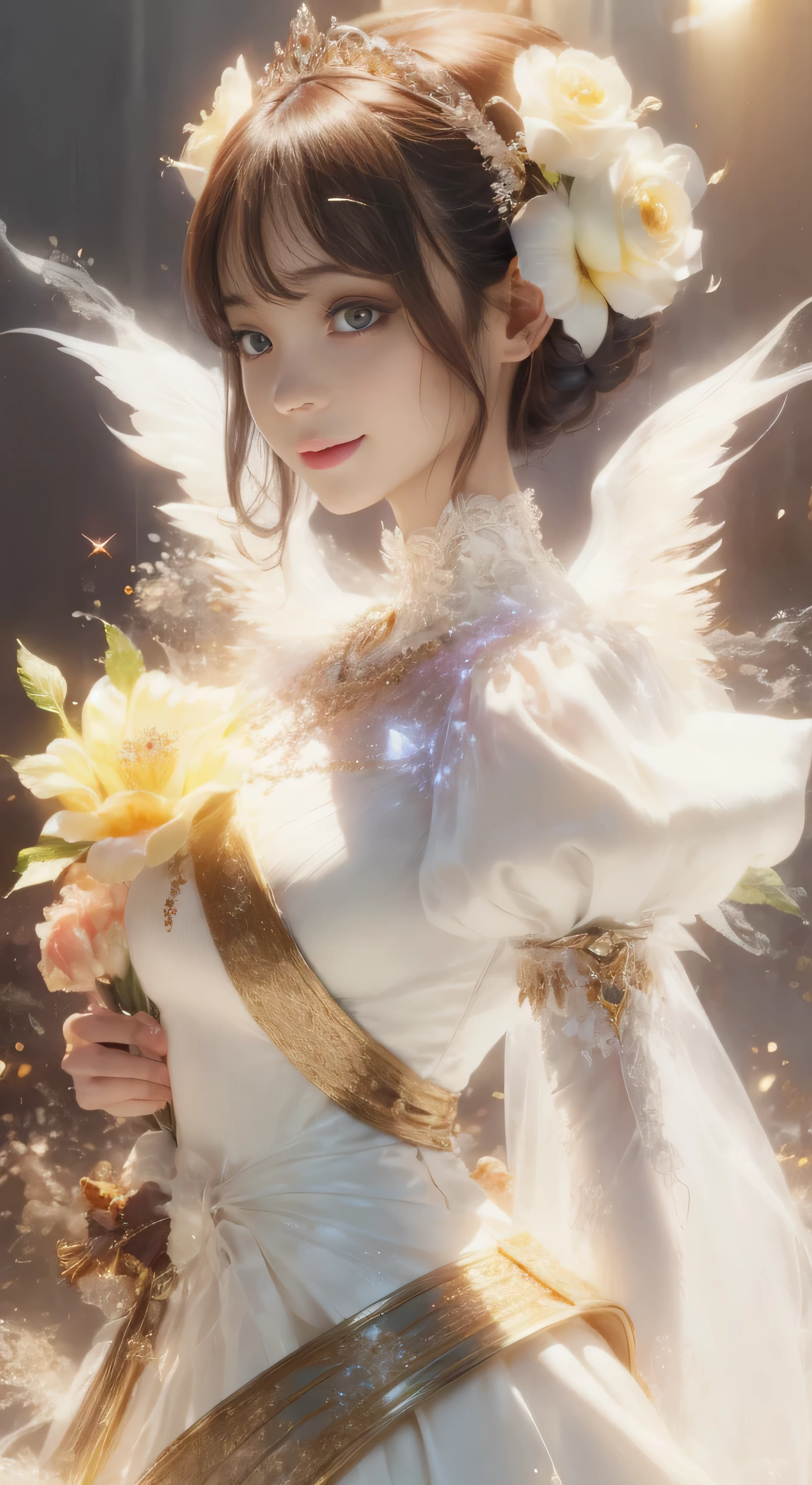 castle in the distance、face is in front、look at the camera、profile、8K、real photos、ultra high resolution, master parts, highest quality, ticker , cinematic images,nice girl、Ann、16 only、Annグロサクソン、double eyelid、droopy eyes、very big eyes、eyes are purple、dark eye shadow、lips are very thin、The tip of your nose grows beautifully.......................................................、small nose,,,,, very detailed , silver hair、straight short hair、smile、 sweet expression 、)、very clear shadows , jewelry , fine eyes, extremely difficult, shiny skin , パーフェクトブリリAnnト, perfect sentence, dramatic shadow、white tiara on head、Gold necklace around the neck、White aristocratic dress with gold embroidery、glass high heels、angel wings