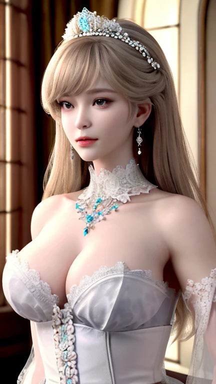 1 girl, looking at the viewer,
Upper body, 3D, realistic,
big breasts, overly ruffled princess dress, drape clothing, jewelry, ornament, flower, lace trim,
masterpiece, highest quality, 8K, fine skin texture, fine cloth texture,  beautiful detailed face, intricate details, Super detailed,
rim lighting, side lighting, cinematic light, ultra high resolution, 8K uhd, film grain,best shadow, delicate, born